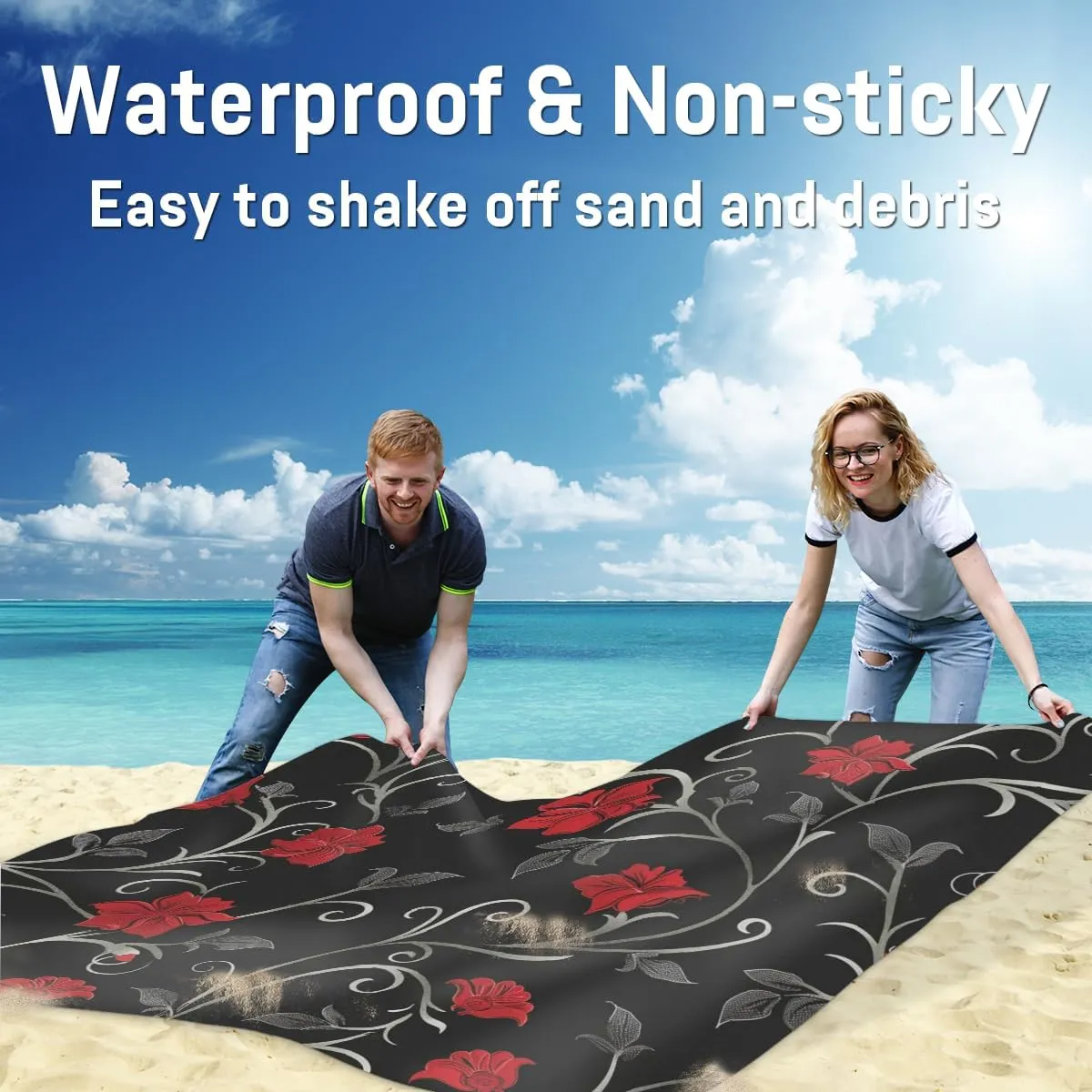 Retro Flower Beach Blanket, Sandproof Beach Mat, Adults Waterproof Quick Drying Sand Free Mat with 4 x Ground Spikes for Outdoor Travel Camping Hiking, Red Floral
