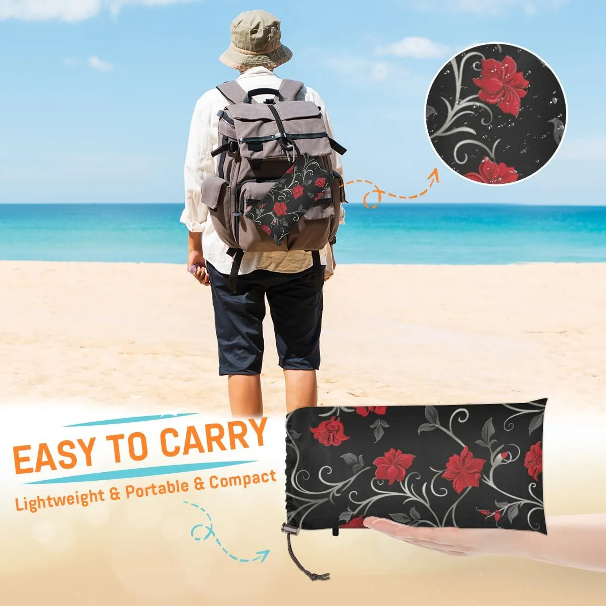Retro Flower Beach Blanket, Sandproof Beach Mat, Adults Waterproof Quick Drying Sand Free Mat with 4 x Ground Spikes for Outdoor Travel Camping Hiking, Red Floral