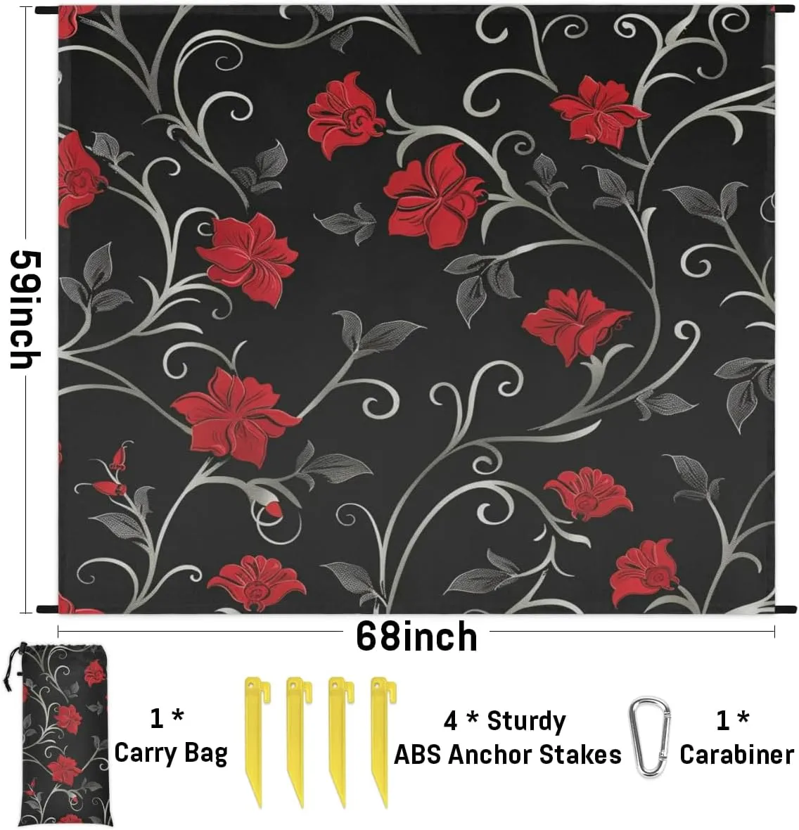 Retro Flower Beach Blanket, Sandproof Beach Mat, Adults Waterproof Quick Drying Sand Free Mat with 4 x Ground Spikes for Outdoor Travel Camping Hiking, Red Floral