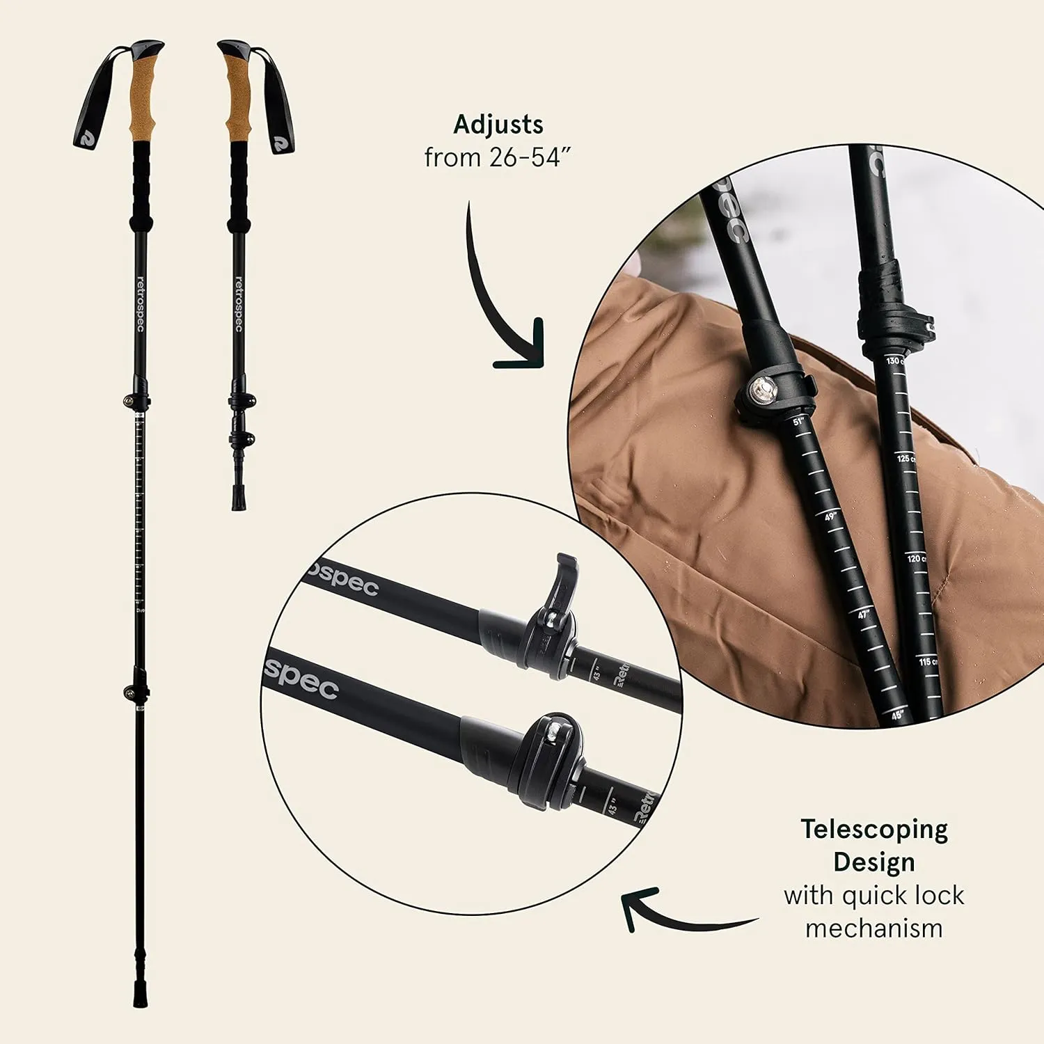 Retrospec Solstice Hiking Poles for Men & Women - Adjustable and Collapsible Lightweight Walking & Trekking Sticks - Aluminum w/Cork or Foam Grip