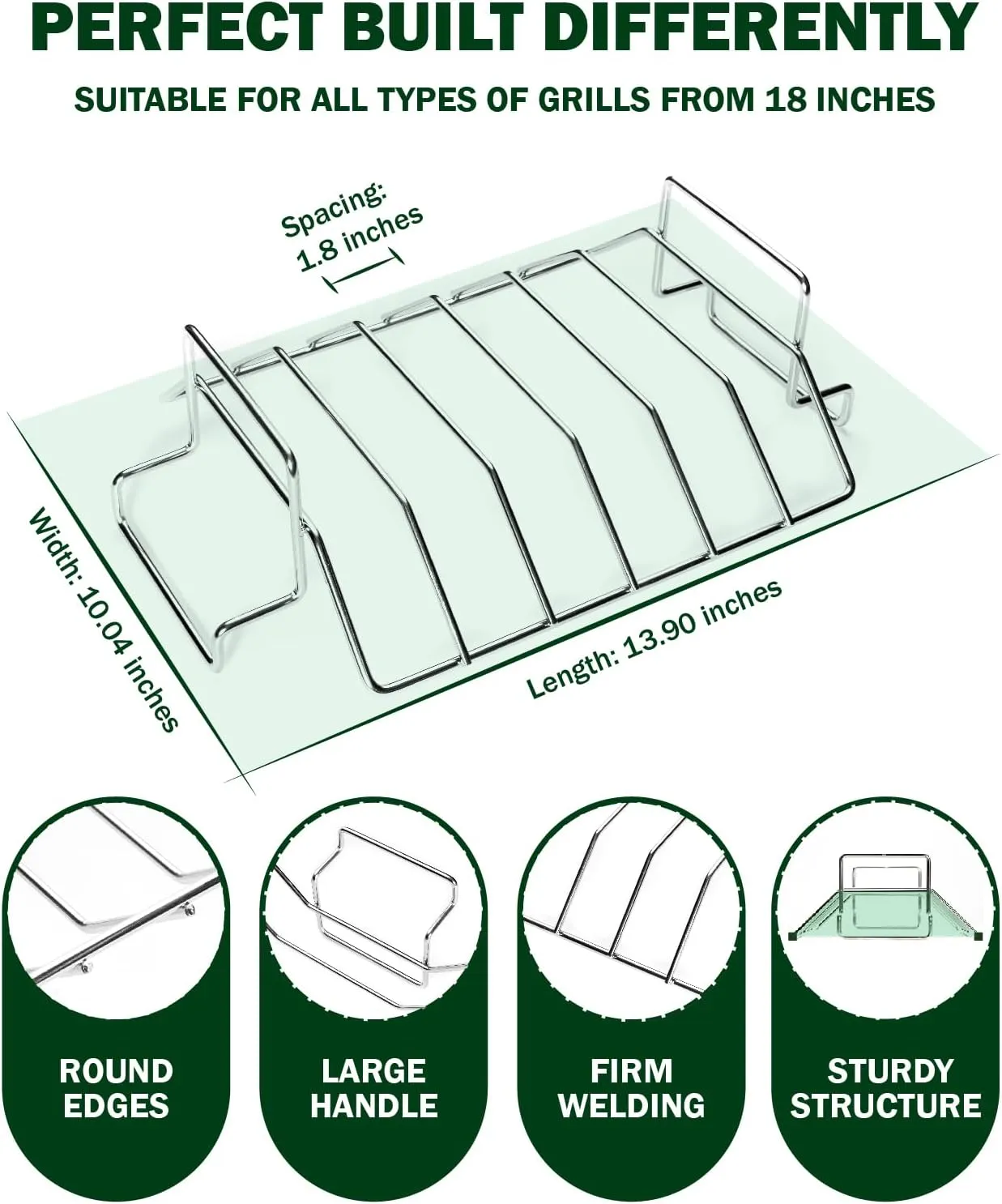 Rib and Roast Rack for Big Green Egg, Turkey Roasting Rack for Grilling and Smoking - Stainless Steel Pan for Cooking Rib, Chicken, Bird. L/XL BGE Accessories, Also for Other 18" or Larger Grills