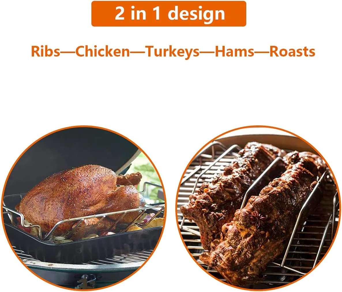 Rib Racks for Big Green Egg, Turkey Roasting Rack Smoking and Grilling Rib Rack, Big Green Egg Accessories, for Large and XLarge Big Green Egg,18" or Bigger Kamado Grill, Stainless Steel