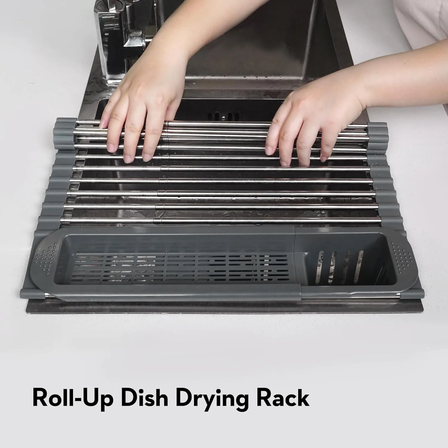 Roll Up Dish Drying Rack Over The Sink, 304 Stainless Stee Dish Drainer, Foldable & Adjustable Sink Drying Rack for Kitchen Sink Counter with Utensil Holder (Gray, Large Expandable Size)