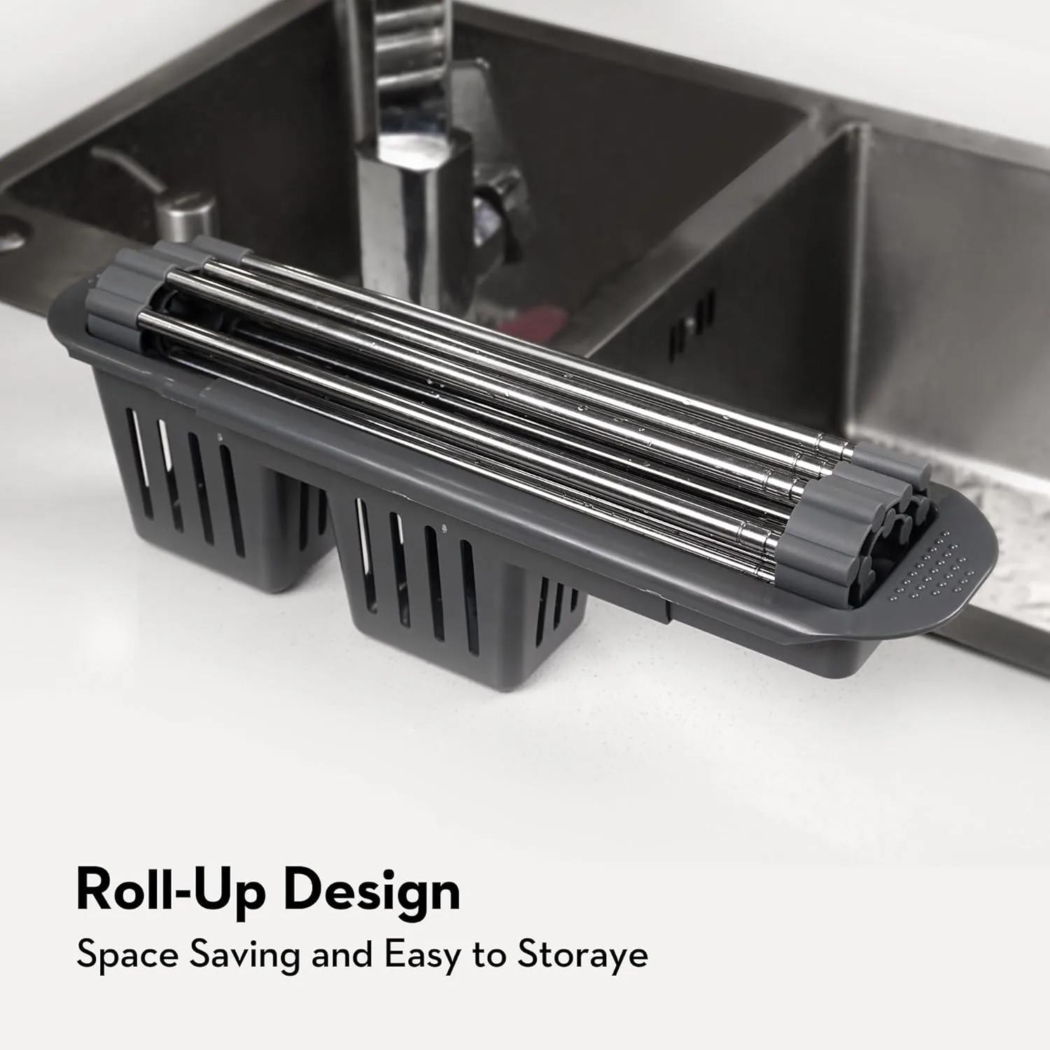 Roll Up Dish Drying Rack Over The Sink, 304 Stainless Stee Dish Drainer, Foldable & Adjustable Sink Drying Rack for Kitchen Sink Counter with Utensil Holder (Gray, Large Expandable Size)