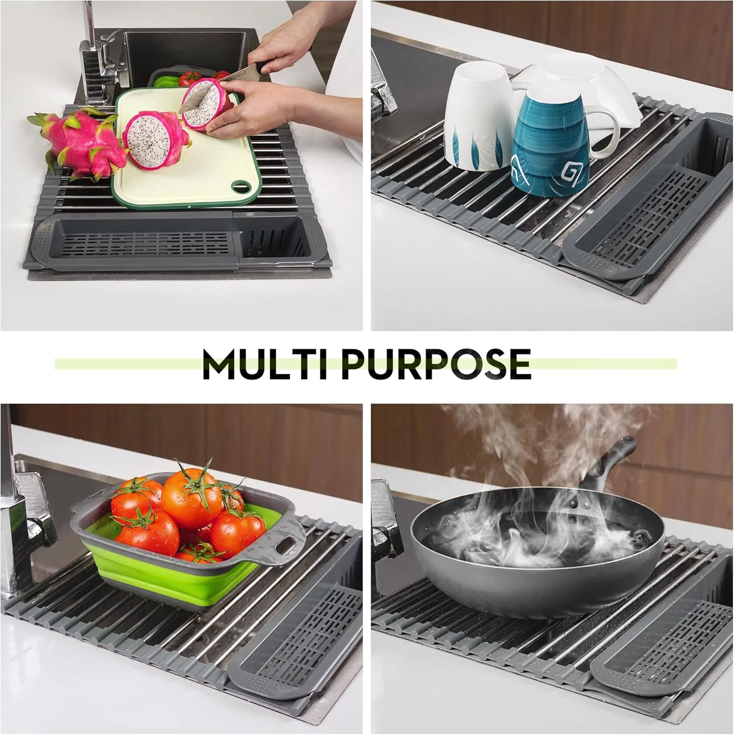Roll Up Dish Drying Rack Over The Sink, 304 Stainless Stee Dish Drainer, Foldable & Adjustable Sink Drying Rack for Kitchen Sink Counter with Utensil Holder (Gray, Large Expandable Size)
