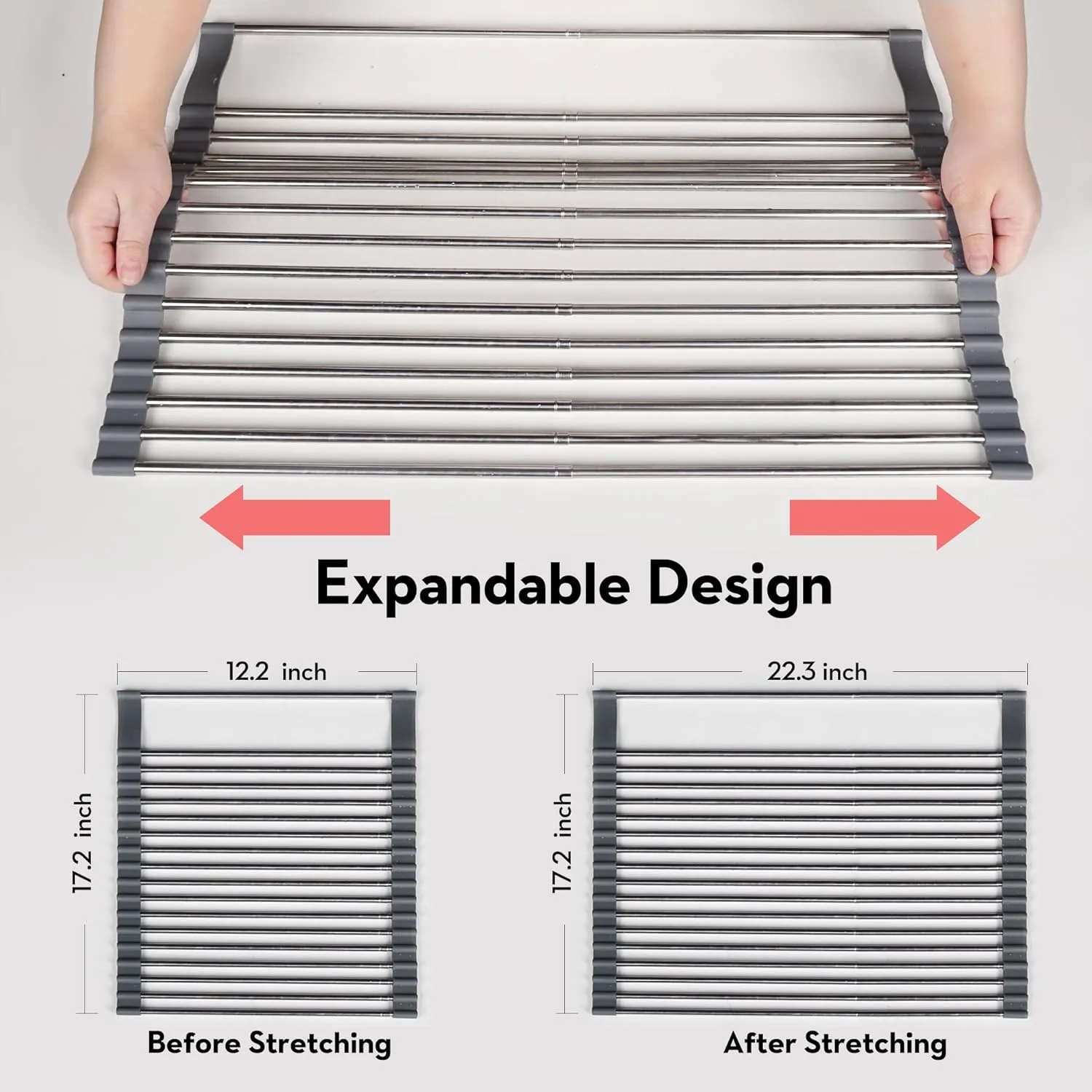 Roll Up Dish Drying Rack Over The Sink, 304 Stainless Stee Dish Drainer, Foldable & Adjustable Sink Drying Rack for Kitchen Sink Counter with Utensil Holder (Gray, Large Expandable Size)