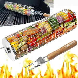 Rolling Grilling Baskets with Secure Lid Lock, Thickened SUS304 Stainless Steel, REMOVABLE HANDLE, Round Cylinder BBQ Grill Basket for Veggies Fish Meat, Barbeque Griller Accessories Gifts for Men Dad