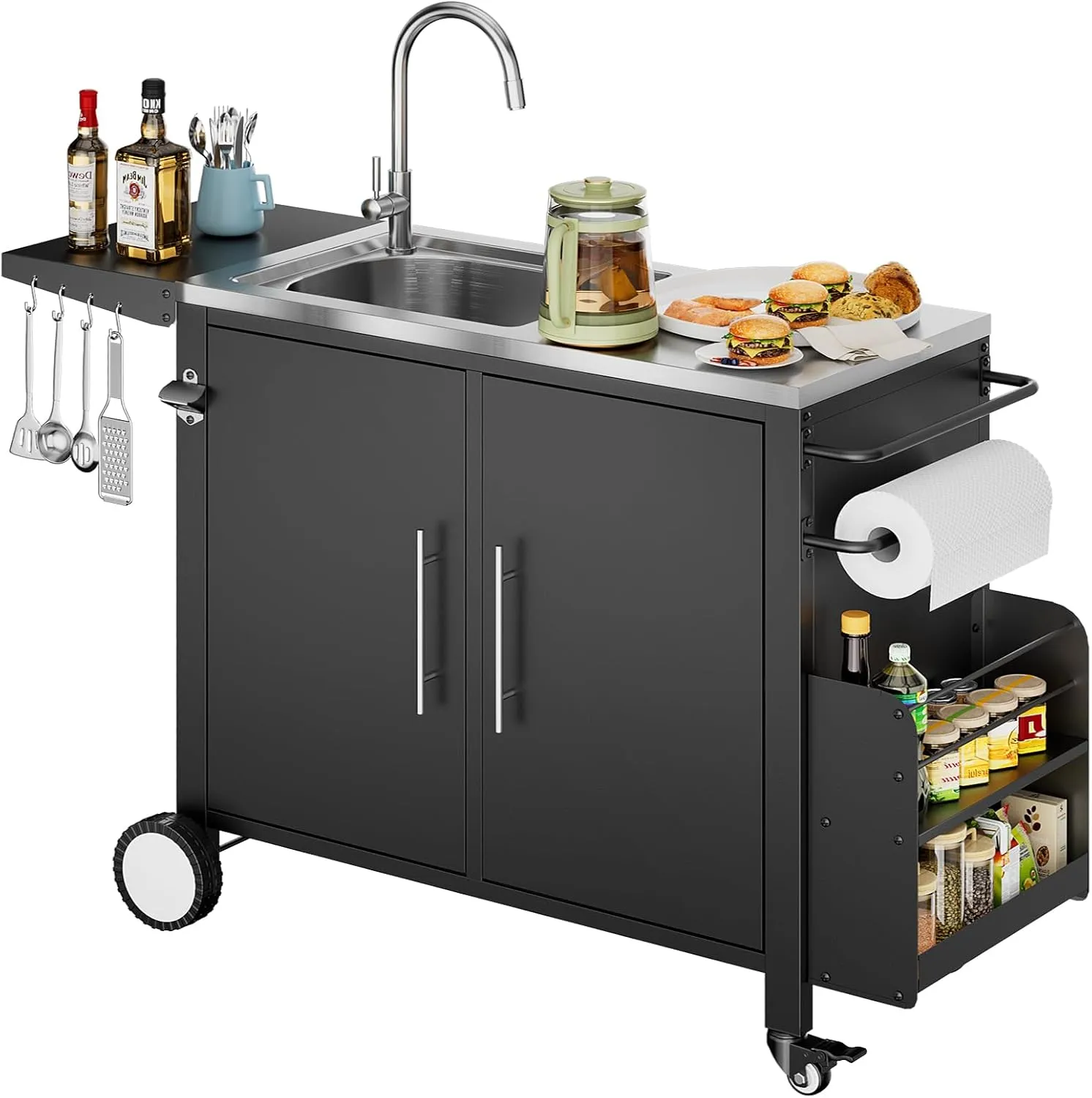 ROOMTEC Outdoor Grill Cart with Stainless Steel Sink, Rolling Metal Prep Table & Storage Cabinet, BBQ Kitchen Island for Patio or Garden