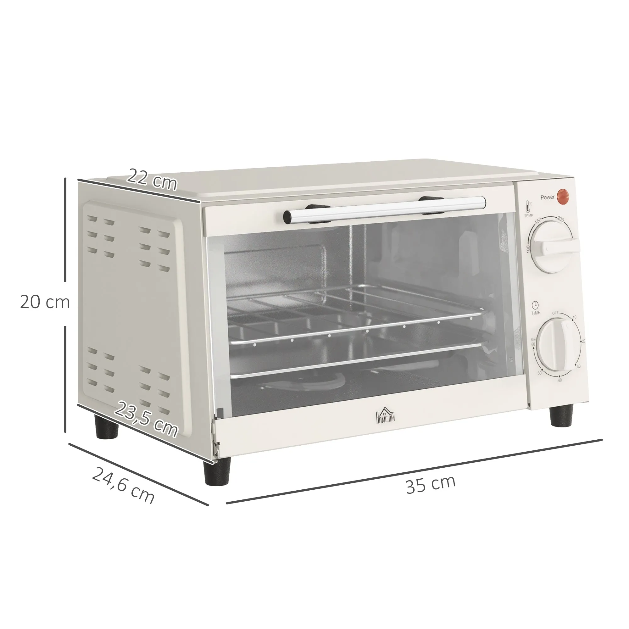 Rootz 9L Mini Oven - Compact Toaster Oven - Adjustable Heat - Space-Saving Stainless Steel - 35cm x 24.6cm x 20cm  White