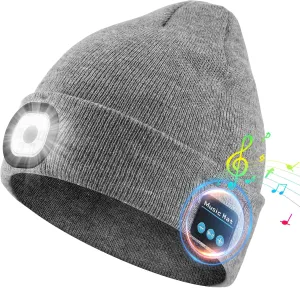 Rotibox Bluetooth Beanie with Light, Unisex USB Rechargeable 4 LED Headlamp Hat with Wireless Headphones