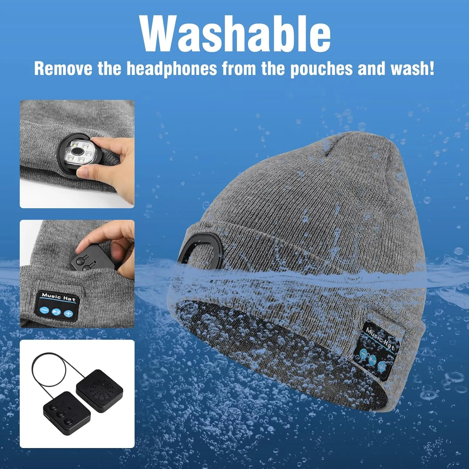Rotibox Bluetooth Beanie with Light, Unisex USB Rechargeable 4 LED Headlamp Hat with Wireless Headphones
