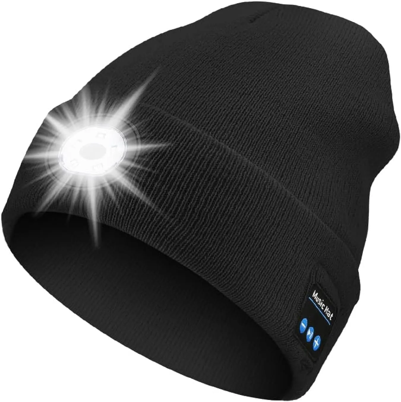 Rotibox Bluetooth Beanie with Light, Unisex USB Rechargeable 4 LED Headlamp Hat with Wireless Headphones