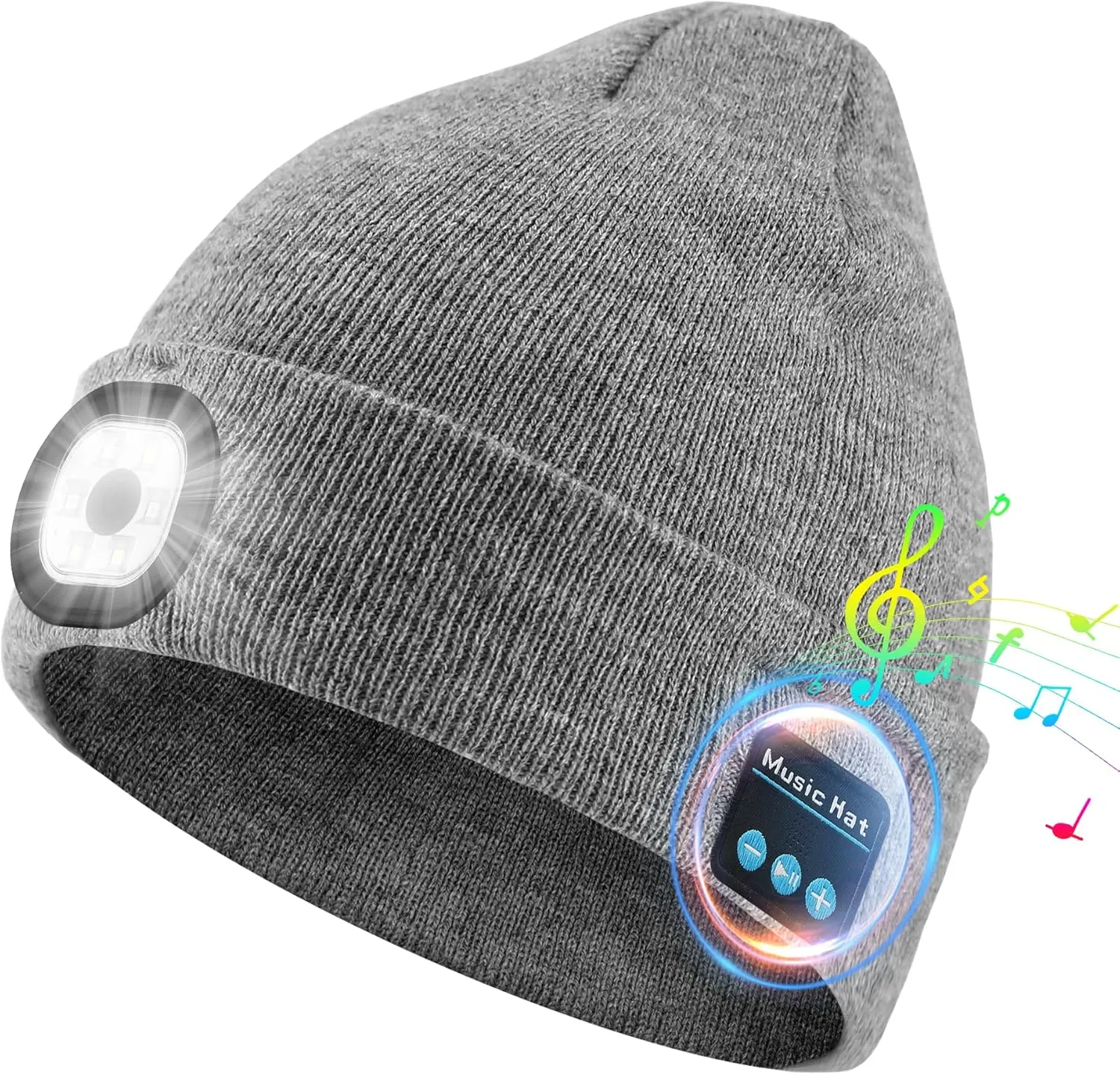 Rotibox Bluetooth Beanie with Light, Unisex USB Rechargeable 4 LED Headlamp Hat with Wireless Headphones