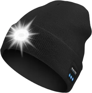 Rotibox Bluetooth Beanie with Light, Unisex USB Rechargeable 4 LED Headlamp Hat with Wireless Headphones