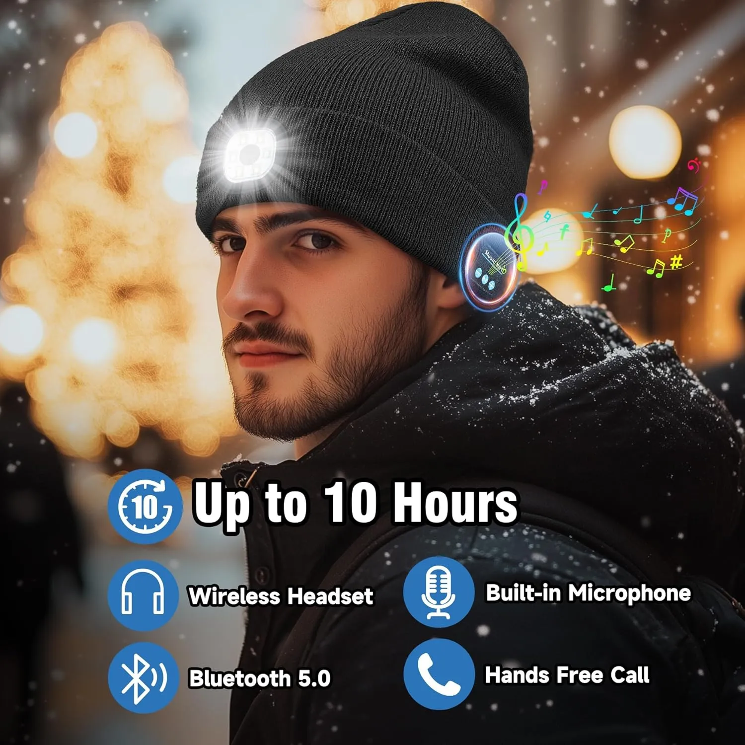 Rotibox Bluetooth Beanie with Light, Unisex USB Rechargeable 4 LED Headlamp Hat with Wireless Headphones