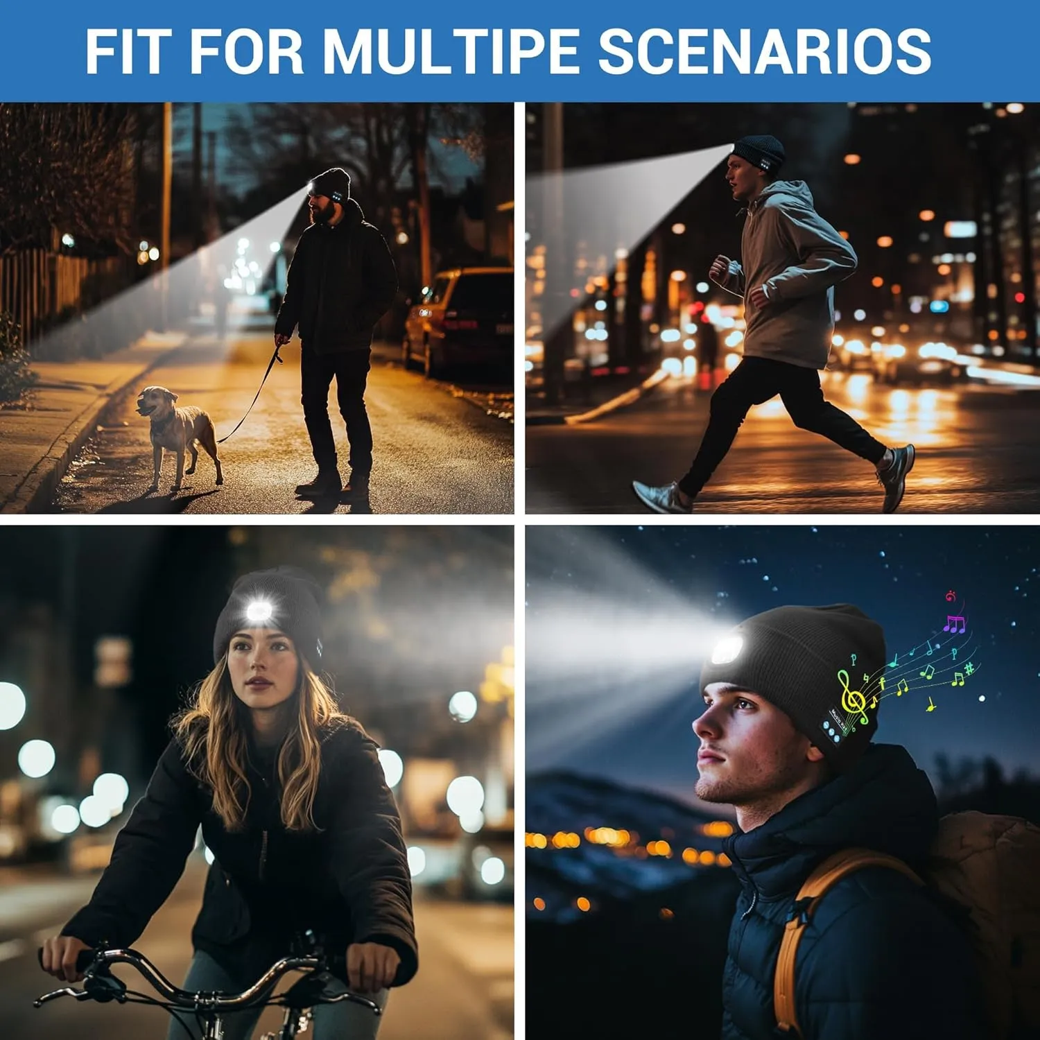 Rotibox Bluetooth Beanie with Light, Unisex USB Rechargeable 4 LED Headlamp Hat with Wireless Headphones