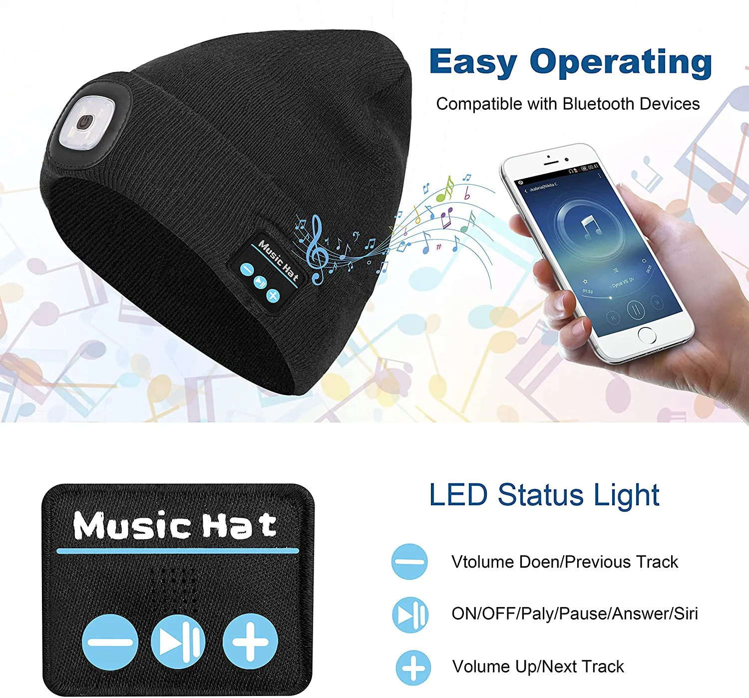Rynx | Keains Unisex Bluetooth Beanie hat with light, upgraded musical knitted hat with headphones and built-in stereo speakers & microphone, LED hat for running and hiking, Christmas gift for men women dad
