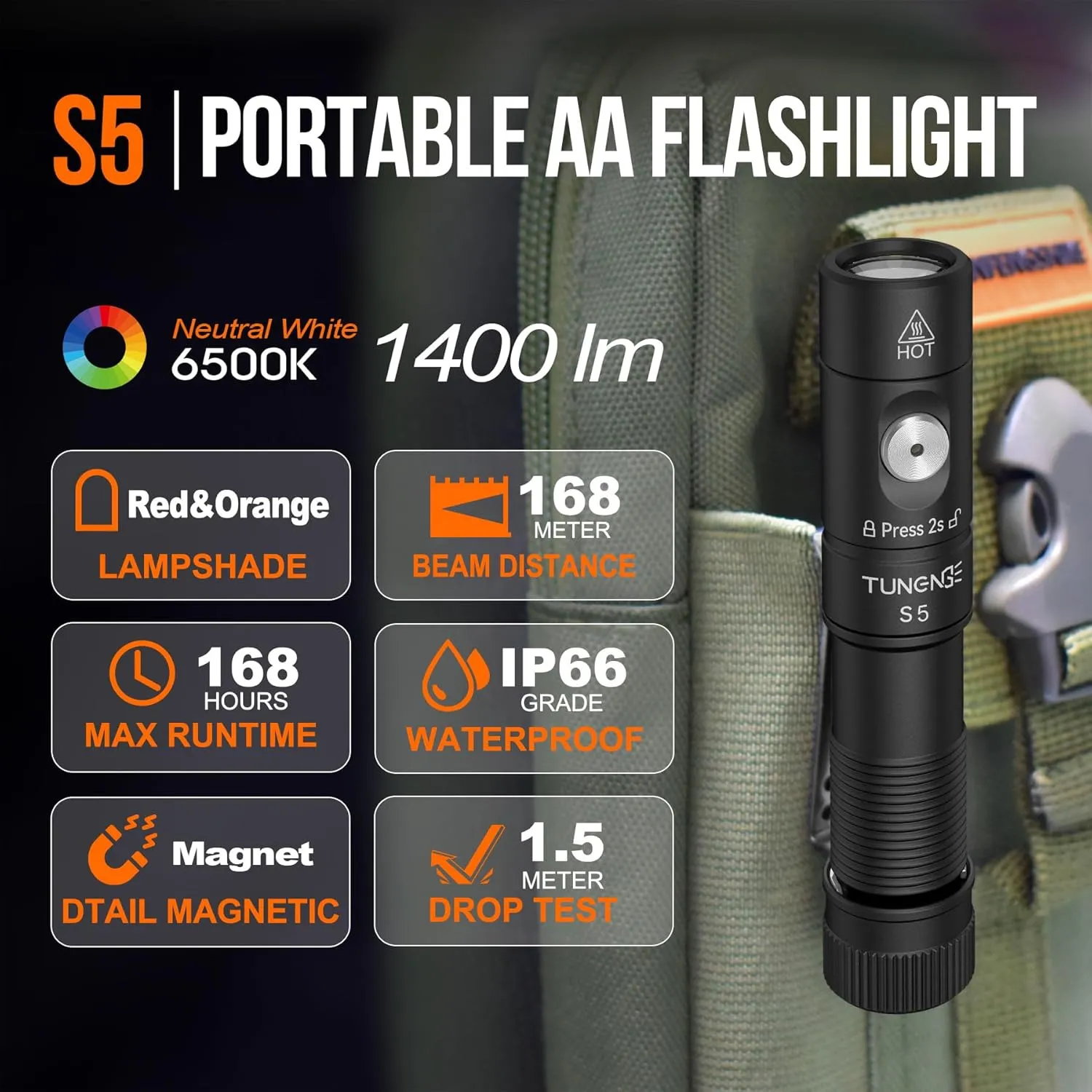 S5 1400Lumens Mini Flashlight Rechargeable- Super Bright LED Pocket Light with Magnet & Clip, Red/Orange Diffuser -Compact AA EDC Flashlight for Outdoor, Camping, Hiking, Repairs