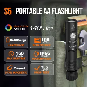 S5 1400Lumens Mini Flashlight Rechargeable- Super Bright LED Pocket Light with Magnet & Clip, Red/Orange Diffuser -Compact AA EDC Flashlight for Outdoor, Camping, Hiking, Repairs