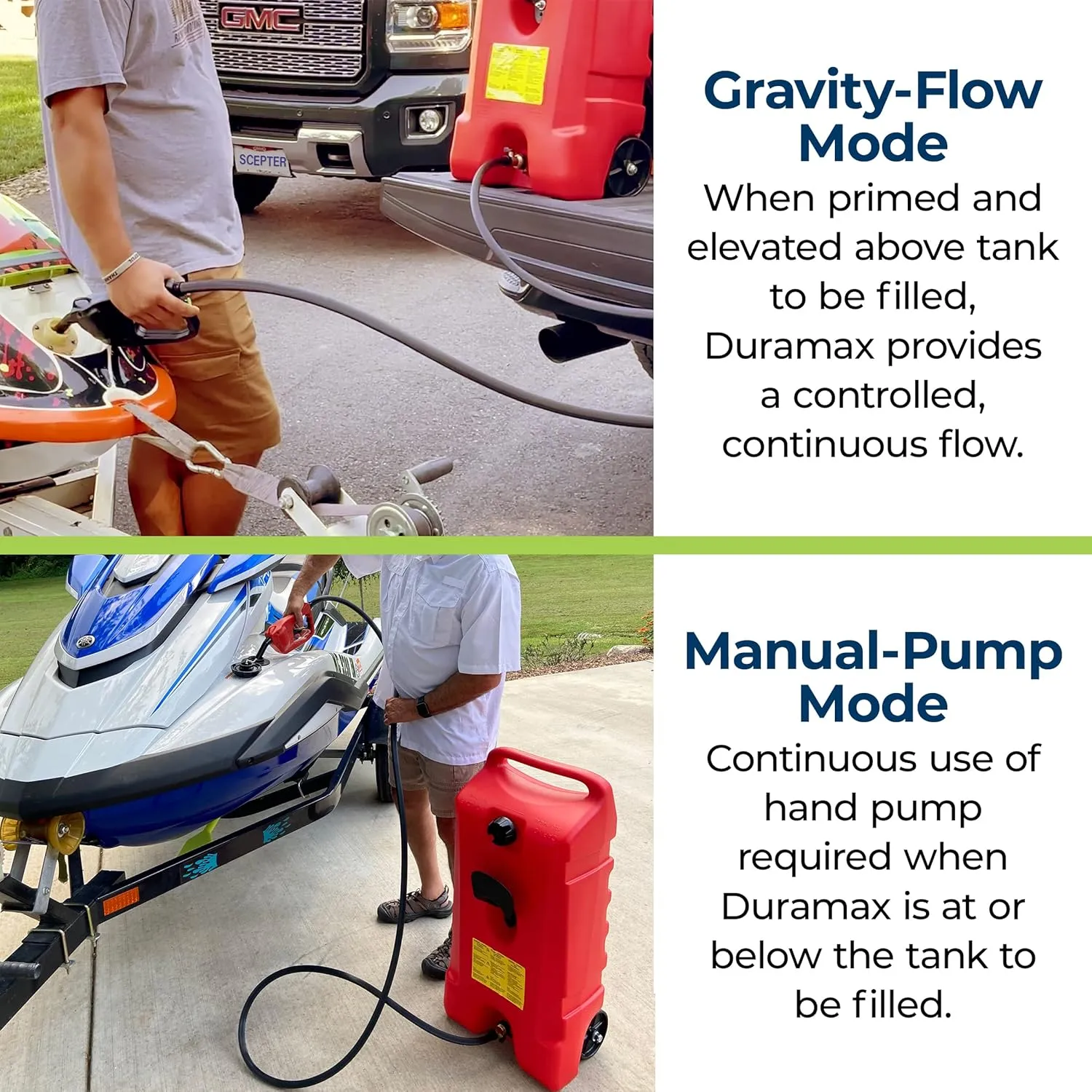 Scepter Duramax Flo ’N Go 14 Gallon (53 Liter) Fueling Station, Portable Gas Caddy and Fuel Transfer Pump with 10-Foot Hose for Lawn Mower, Farm, Marine, Commercial, and Home Use, Gasoline Only, Red