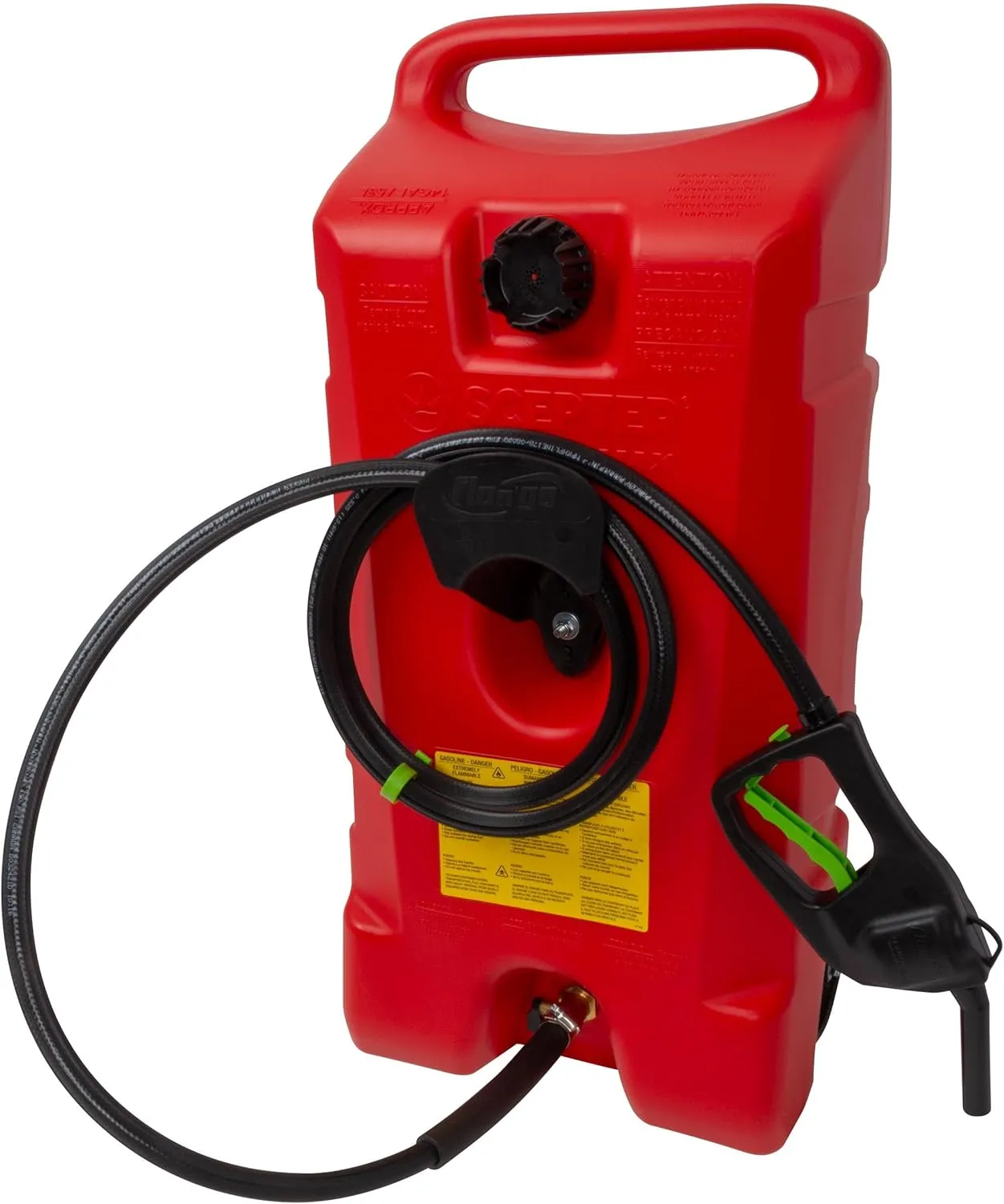 Scepter Duramax Flo ’N Go 14 Gallon (53 Liter) Fueling Station, Portable Gas Caddy and Fuel Transfer Pump with 10-Foot Hose for Lawn Mower, Farm, Marine, Commercial, and Home Use, Gasoline Only, Red
