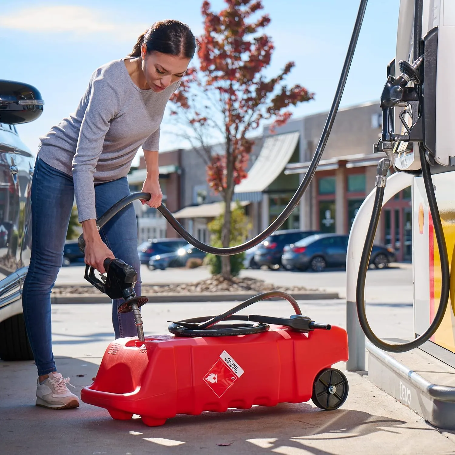 Scepter Duramax Flo ’N Go 14 Gallon (53 Liter) Fueling Station, Portable Gas Caddy and Fuel Transfer Pump with 10-Foot Hose for Lawn Mower, Farm, Marine, Commercial, and Home Use, Gasoline Only, Red
