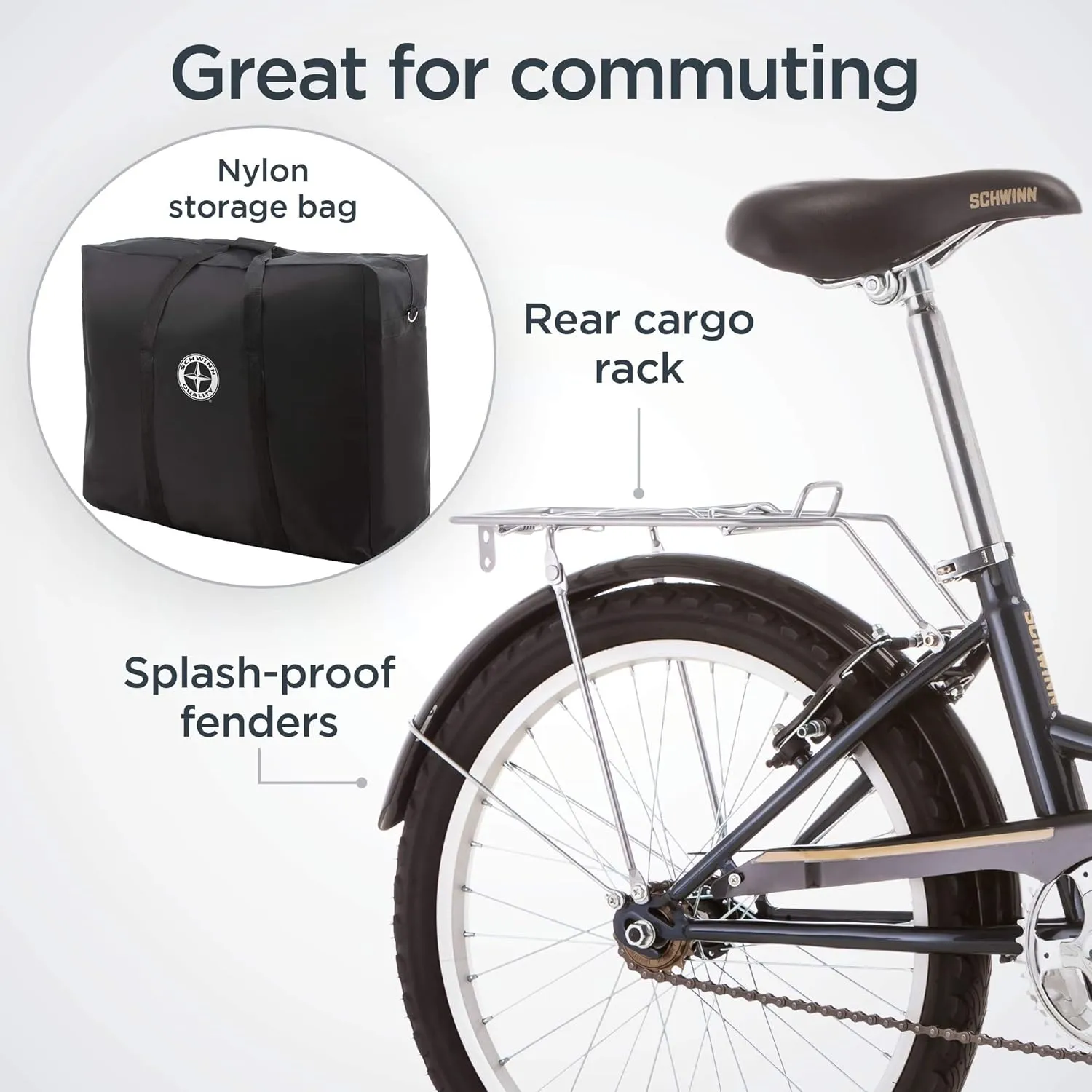 Schwinn Hinge Adult Folding Bike, 20-inch Wheels, Rear Carry Rack, Carrying Bag, Multiple Colors