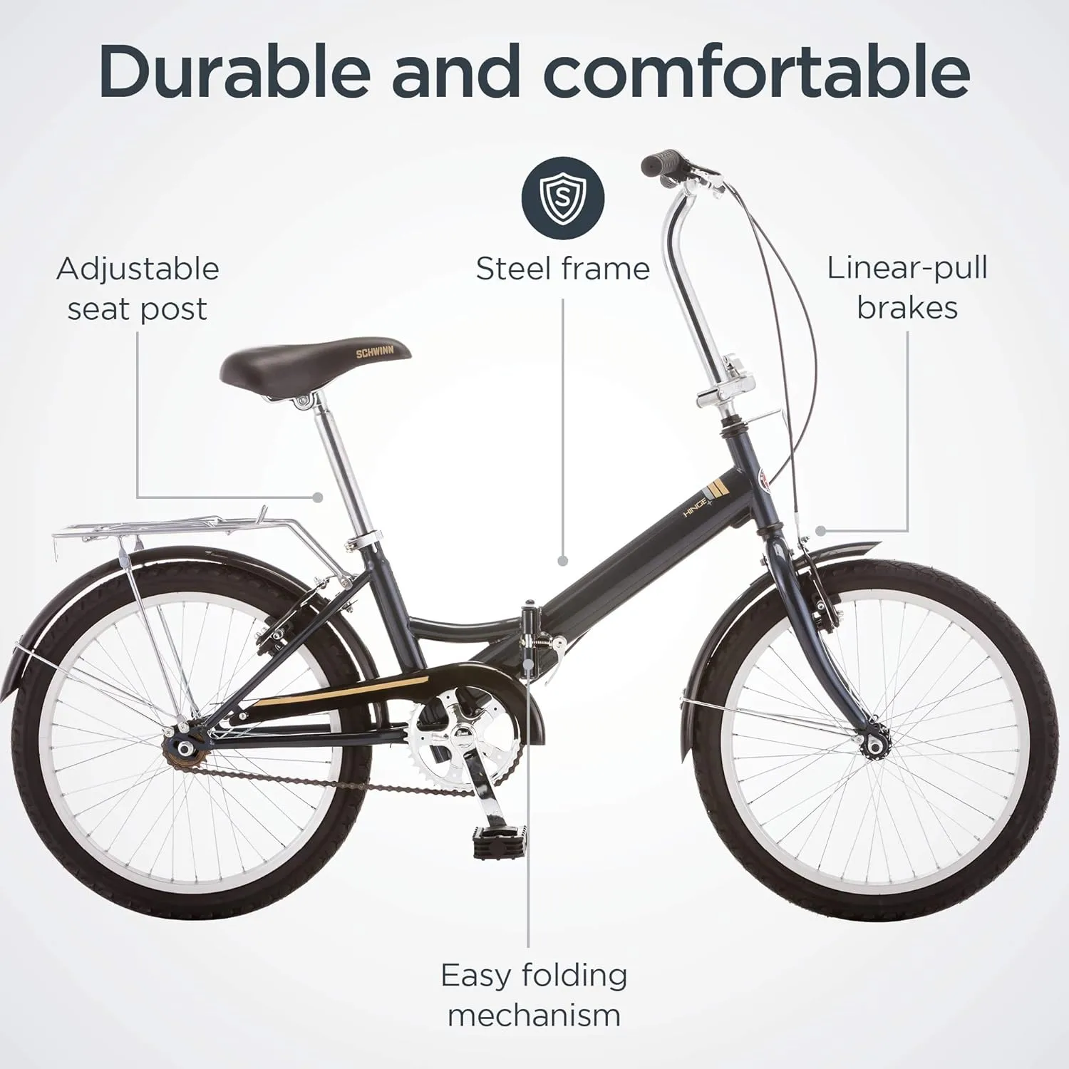 Schwinn Hinge Adult Folding Bike, 20-inch Wheels, Rear Carry Rack, Carrying Bag, Multiple Colors