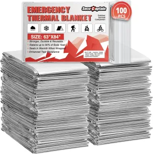 SecuCaptain Survival Emergency Thermal Blankets: Extra Large 84” x63” Space Mylar Blanket Kit for Outdoor Cold Winter Camping Hiking Car Bug Out Bag or First Aid - 100 Pack