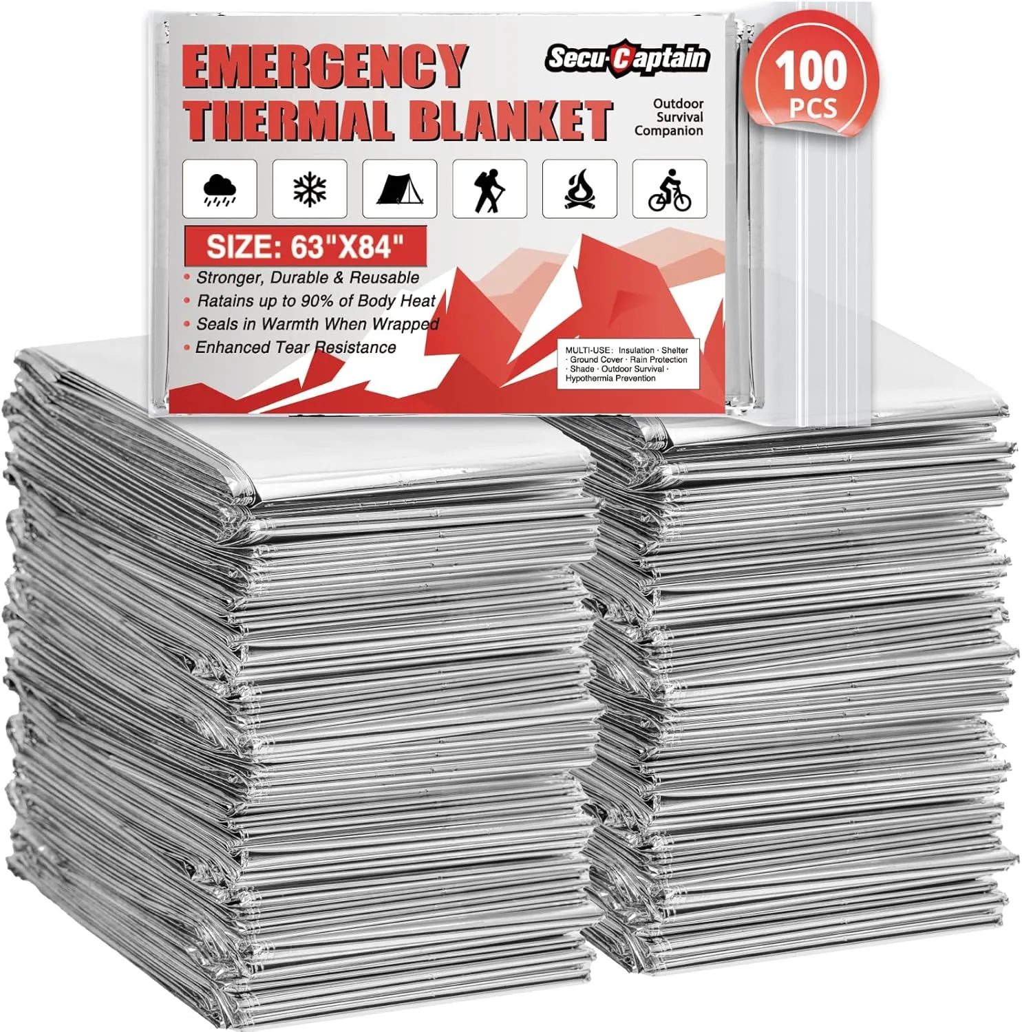 SecuCaptain Survival Emergency Thermal Blankets: Extra Large 84” x63” Space Mylar Blanket Kit for Outdoor Cold Winter Camping Hiking Car Bug Out Bag or First Aid - 100 Pack