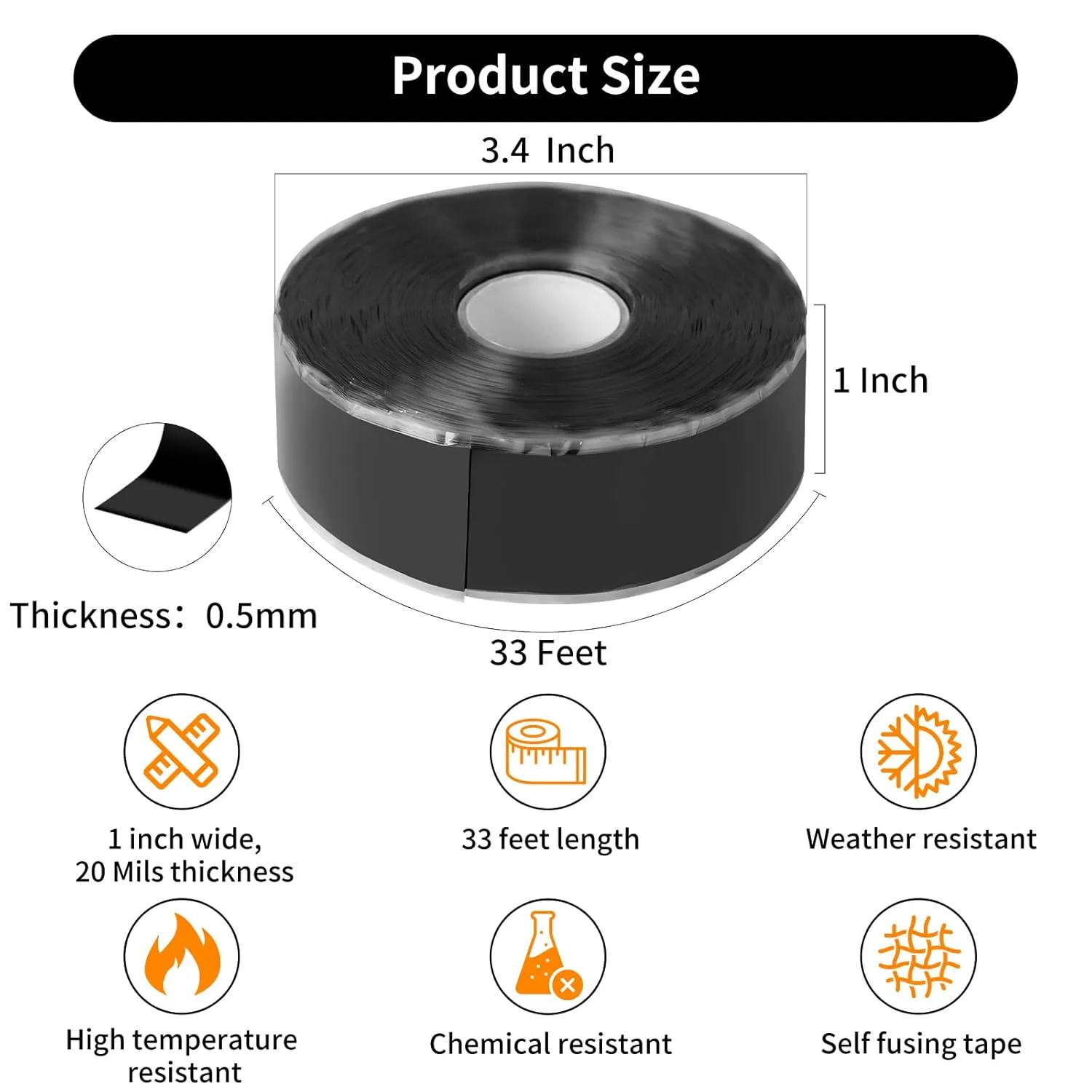 Self-Fusing Silicone Tape for Leak Repair - Waterproof, Silicone Flex Tape - No Adhesive Needed for Plumbing, Automotive, Electrical - Emergency Wrap,1" x 33', Black