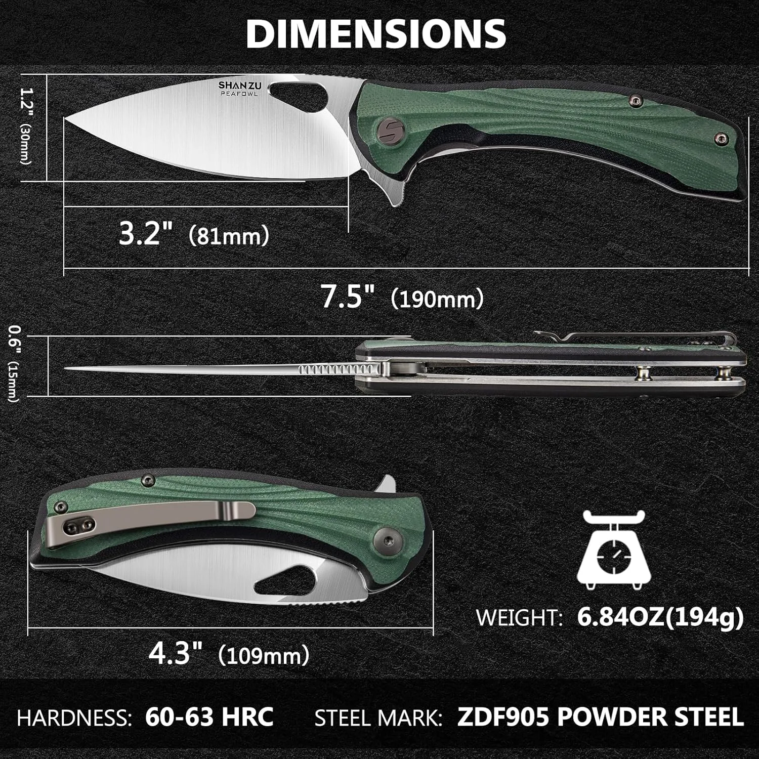 SHAN ZU Pocket Knife 3.2 in, Powder Steel Blade EDC Folding Knife for Men & Women, Utility Survival Knife with G10 Handle & Pocket Clip for Camping Fishing Hiking Hunting - Green