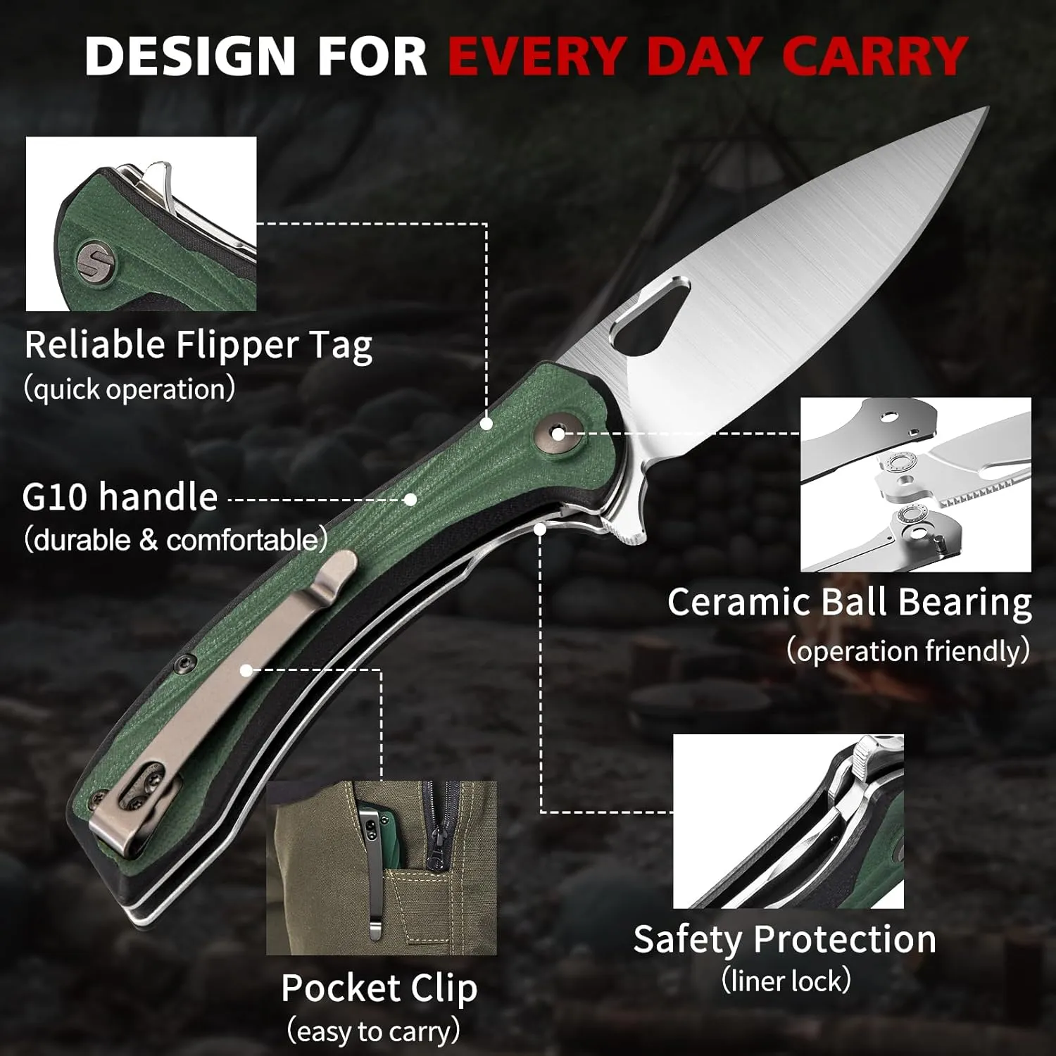SHAN ZU Pocket Knife 3.2 in, Powder Steel Blade EDC Folding Knife for Men & Women, Utility Survival Knife with G10 Handle & Pocket Clip for Camping Fishing Hiking Hunting - Green