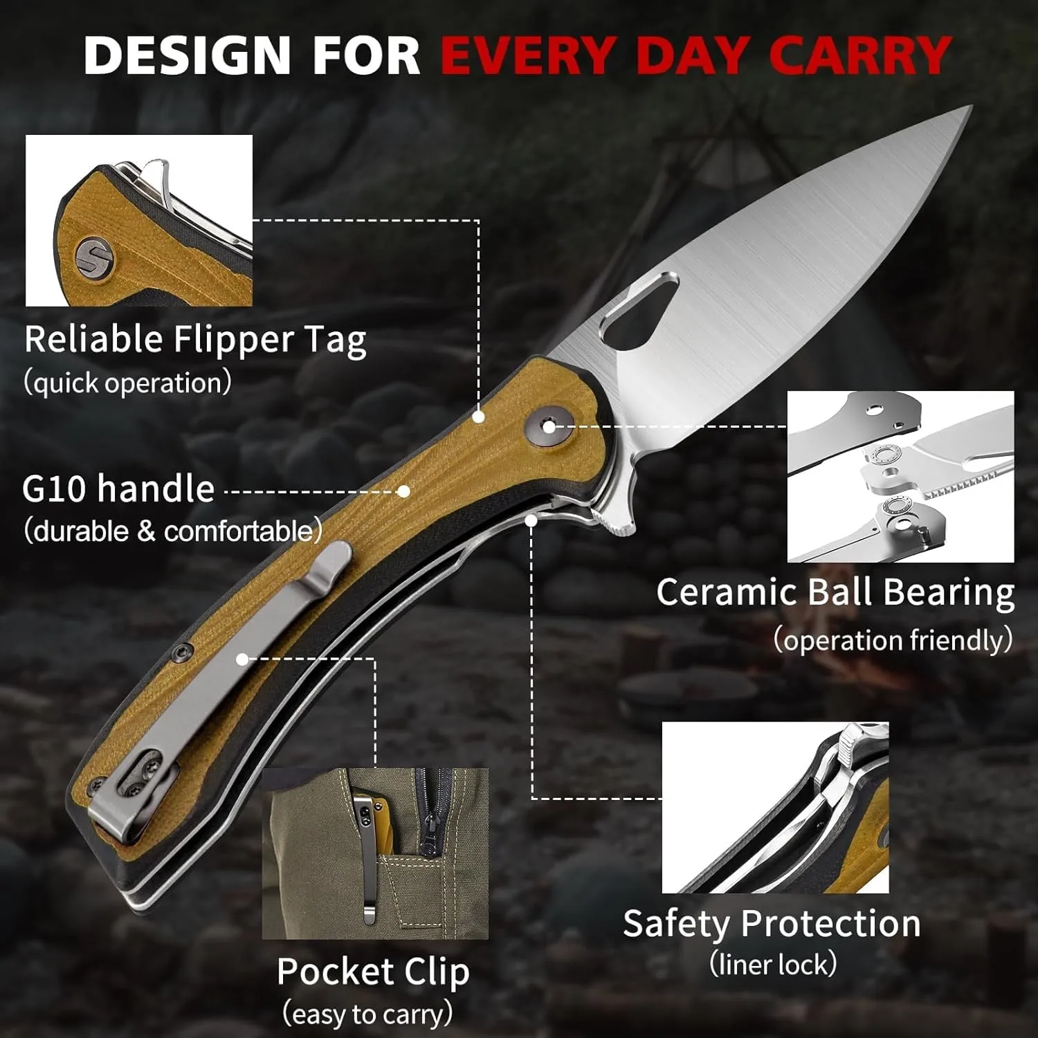 SHAN ZU Pocket Knife 3.2 in, Powder Steel Blade EDC Folding Knife for Men & Women, Utility Survival Knife with G10 Handle & Pocket Clip for Camping Fishing Hiking Hunting - Tan