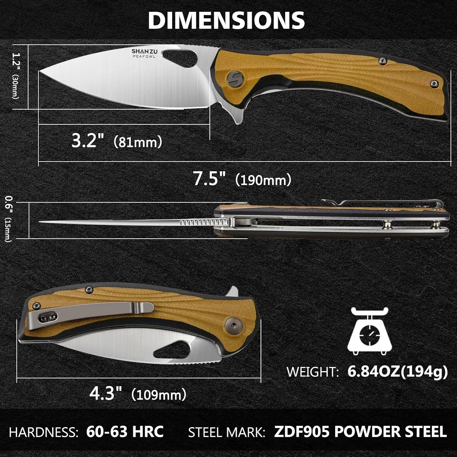 SHAN ZU Pocket Knife 3.2 in, Powder Steel Blade EDC Folding Knife for Men & Women, Utility Survival Knife with G10 Handle & Pocket Clip for Camping Fishing Hiking Hunting - Tan