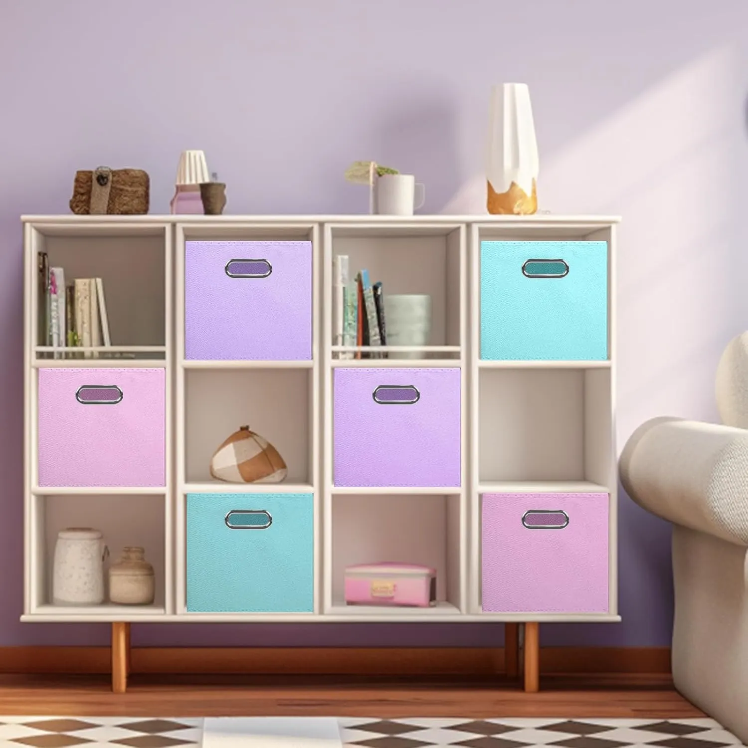ShellKingdom Storage Bins, Foldable Fabric Storage Cubes And Cloth Storage Organizer Drawer with Metal Handle For Closet And Toys Storage, 11 X 10.5 X 10.5 INCH, 6 Pack (Lavender Light Blue Pink)