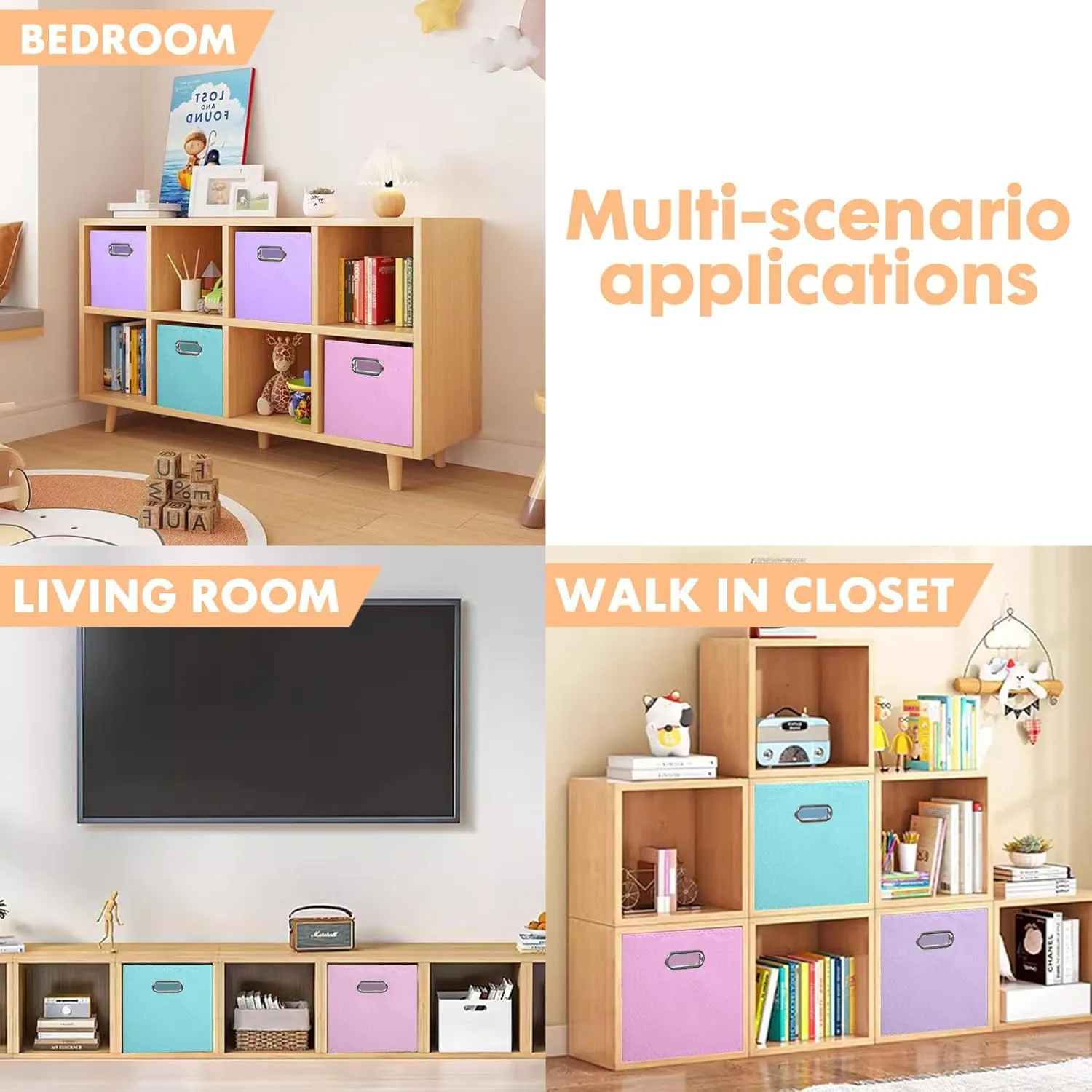 ShellKingdom Storage Bins, Foldable Fabric Storage Cubes And Cloth Storage Organizer Drawer with Metal Handle For Closet And Toys Storage, 11 X 10.5 X 10.5 INCH, 6 Pack (Lavender Light Blue Pink)