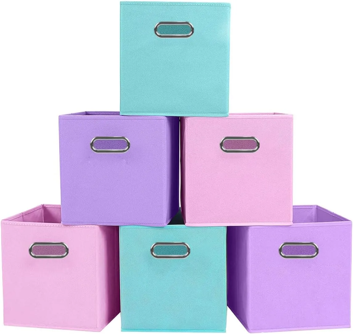 ShellKingdom Storage Bins, Foldable Fabric Storage Cubes And Cloth Storage Organizer Drawer with Metal Handle For Closet And Toys Storage, 11 X 10.5 X 10.5 INCH, 6 Pack (Lavender Light Blue Pink)