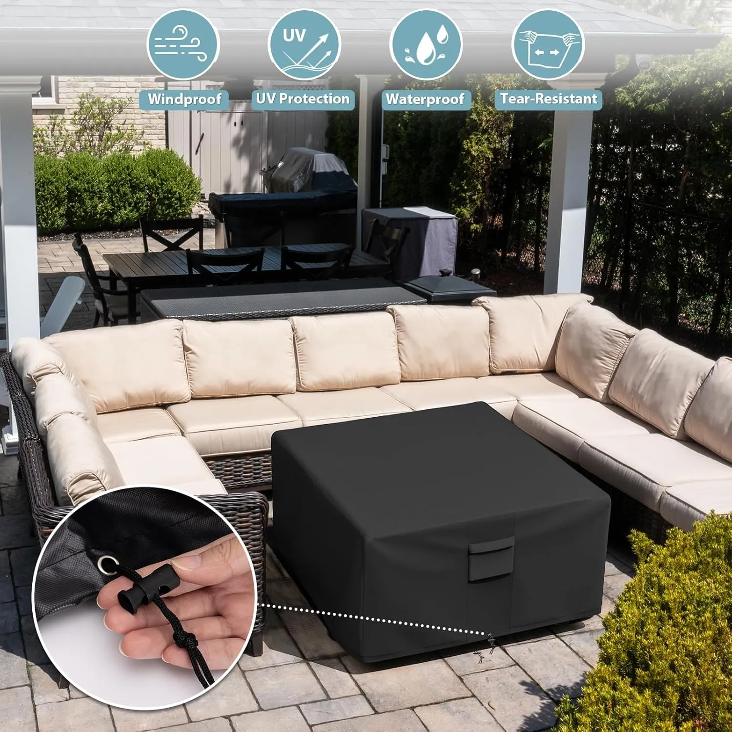 SHINESTAR Square Fire Pit Cover, Fits for 41-44 Inch Gas Fire Table, Waterproof and Windproof, 44 x 44 x 24 Inches, Black