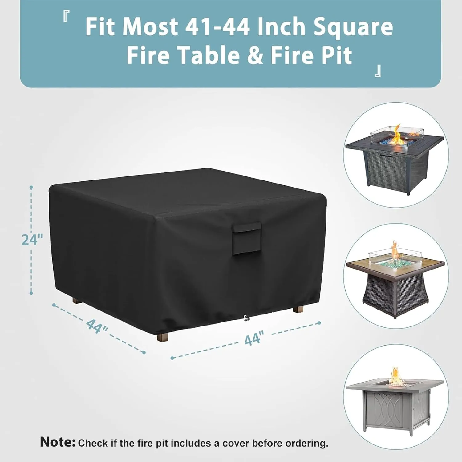 SHINESTAR Square Fire Pit Cover, Fits for 41-44 Inch Gas Fire Table, Waterproof and Windproof, 44 x 44 x 24 Inches, Black