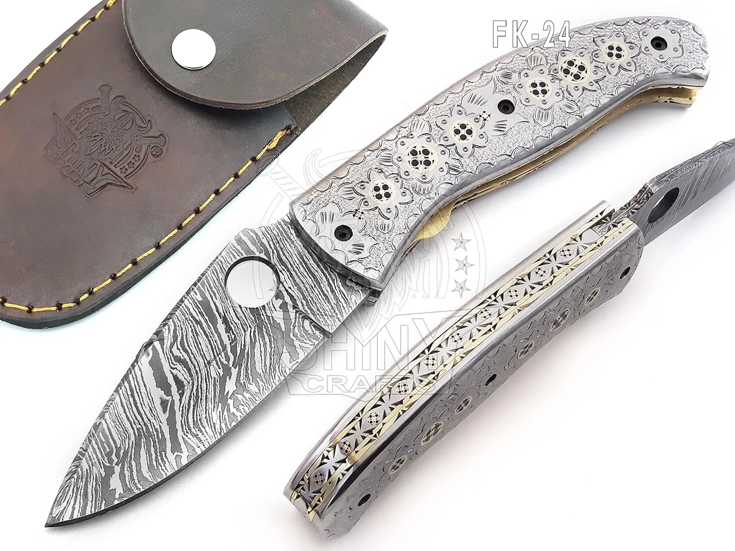 SHINY CRAFTS -Damascus Pocket Knife Knives For Men Tactical Knife OTF Knife- Handmade Folding & Pocket Knives Everyday Carry - PlainEdge - Leather Sheath (FK 08) (FK 24)