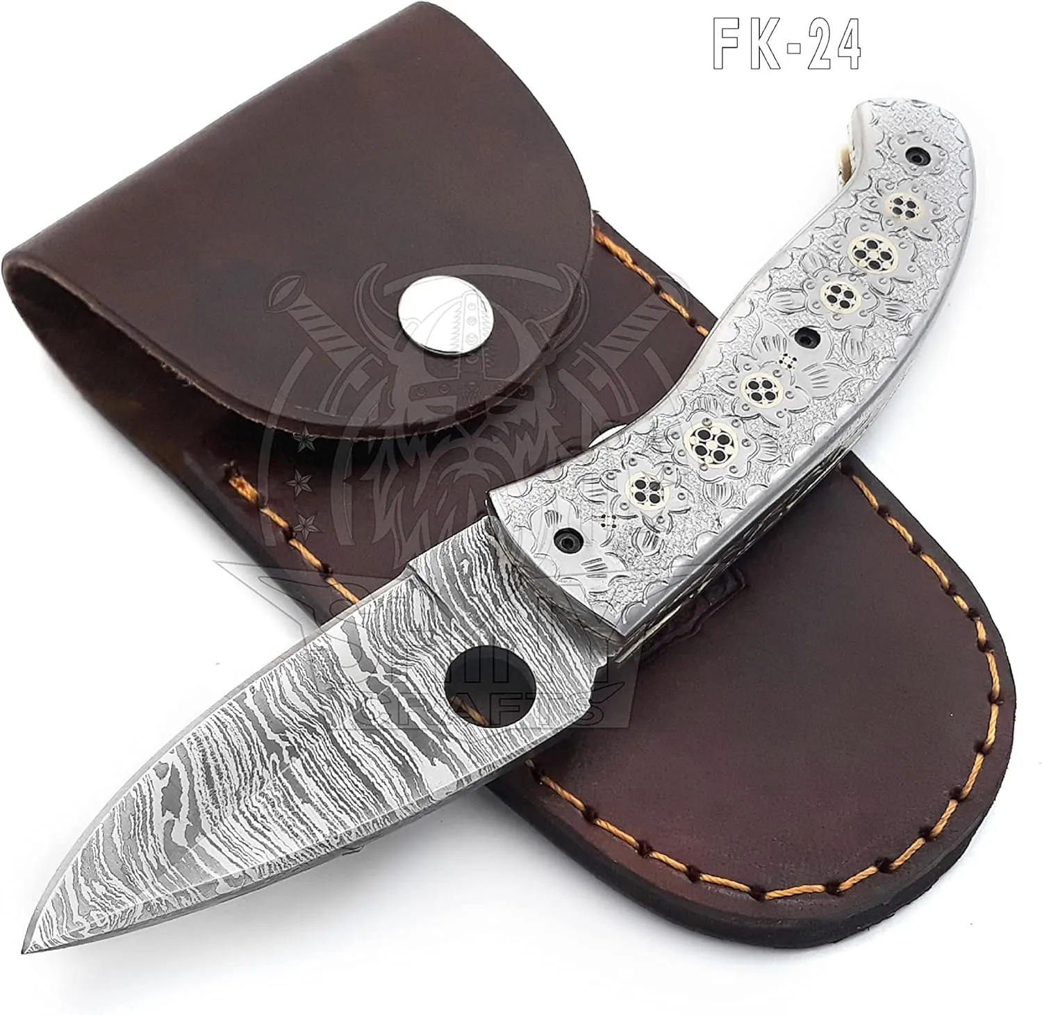 SHINY CRAFTS -Damascus Pocket Knife Knives For Men Tactical Knife OTF Knife- Handmade Folding & Pocket Knives Everyday Carry - PlainEdge - Leather Sheath (FK 08) (FK 24)