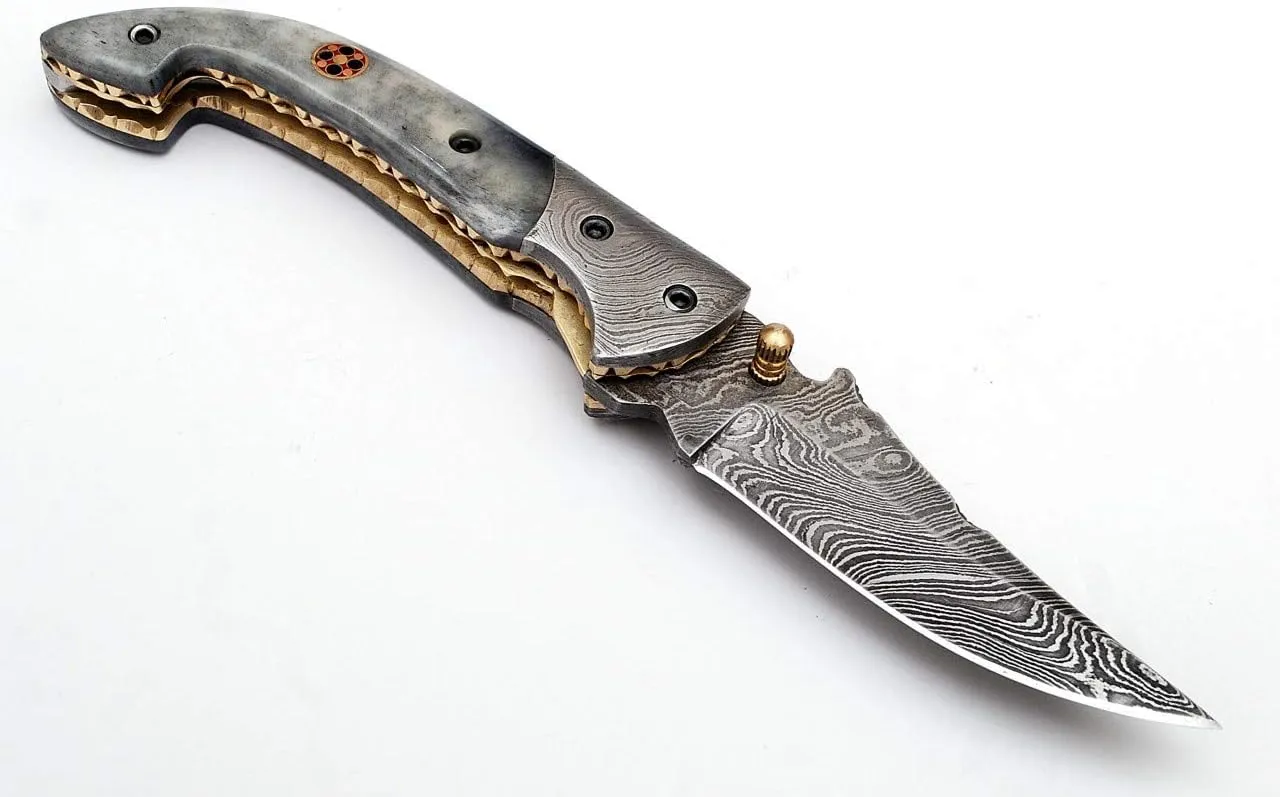 SHINY CRAFTS Handmade Damascus Pocket knife, Folding knife with liner lock, Camping Knife, Hunting knife with Premium Leather Sheath (FK-00)