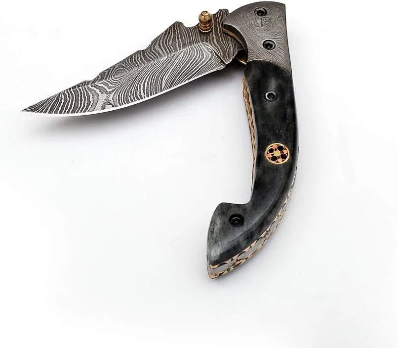 SHINY CRAFTS Handmade Damascus Pocket knife, Folding knife with liner lock, Camping Knife, Hunting knife with Premium Leather Sheath (FK-00)
