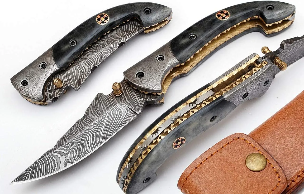 SHINY CRAFTS Handmade Damascus Pocket knife, Folding knife with liner lock, Camping Knife, Hunting knife with Premium Leather Sheath (FK-00)