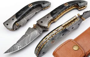 SHINY CRAFTS Handmade Damascus Pocket knife, Folding knife with liner lock, Camping Knife, Hunting knife with Premium Leather Sheath (FK-00)