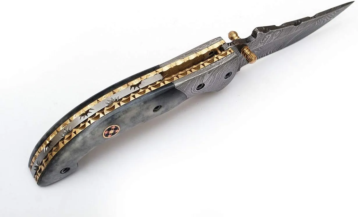 SHINY CRAFTS Handmade Damascus Pocket knife, Folding knife with liner lock, Camping Knife, Hunting knife with Premium Leather Sheath (FK-00)