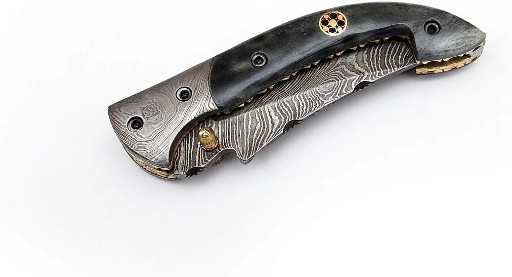 SHINY CRAFTS Handmade Damascus Pocket knife, Folding knife with liner lock, Camping Knife, Hunting knife with Premium Leather Sheath (FK-00)