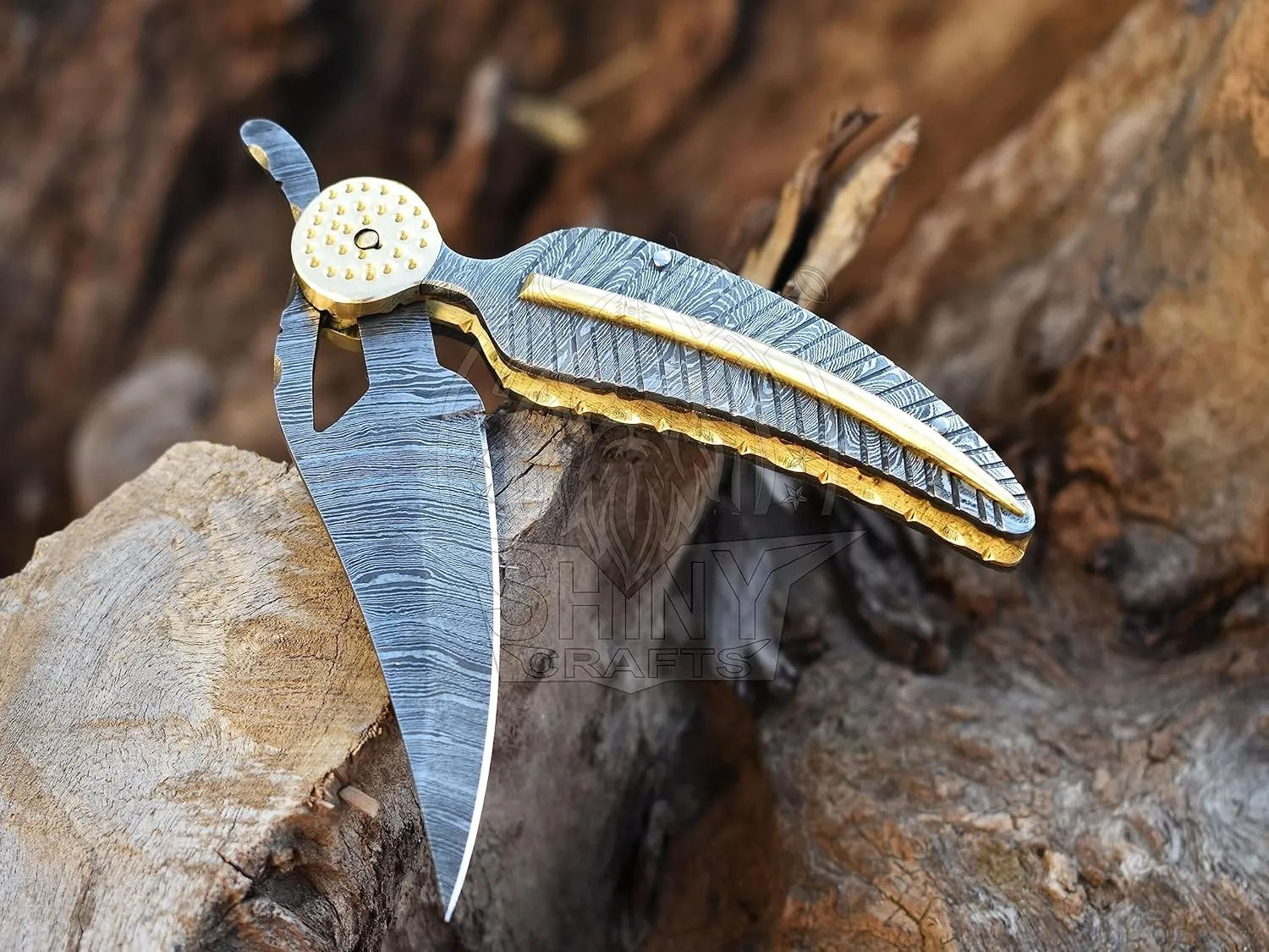 SHINY CRAFTS -Pocket Knife Damascus Hunting Knife OTF Knife Tactical Knife For Men- Pocket Knives - Everyday Carry - PlainEdge - Leather Sheath (FK 19)