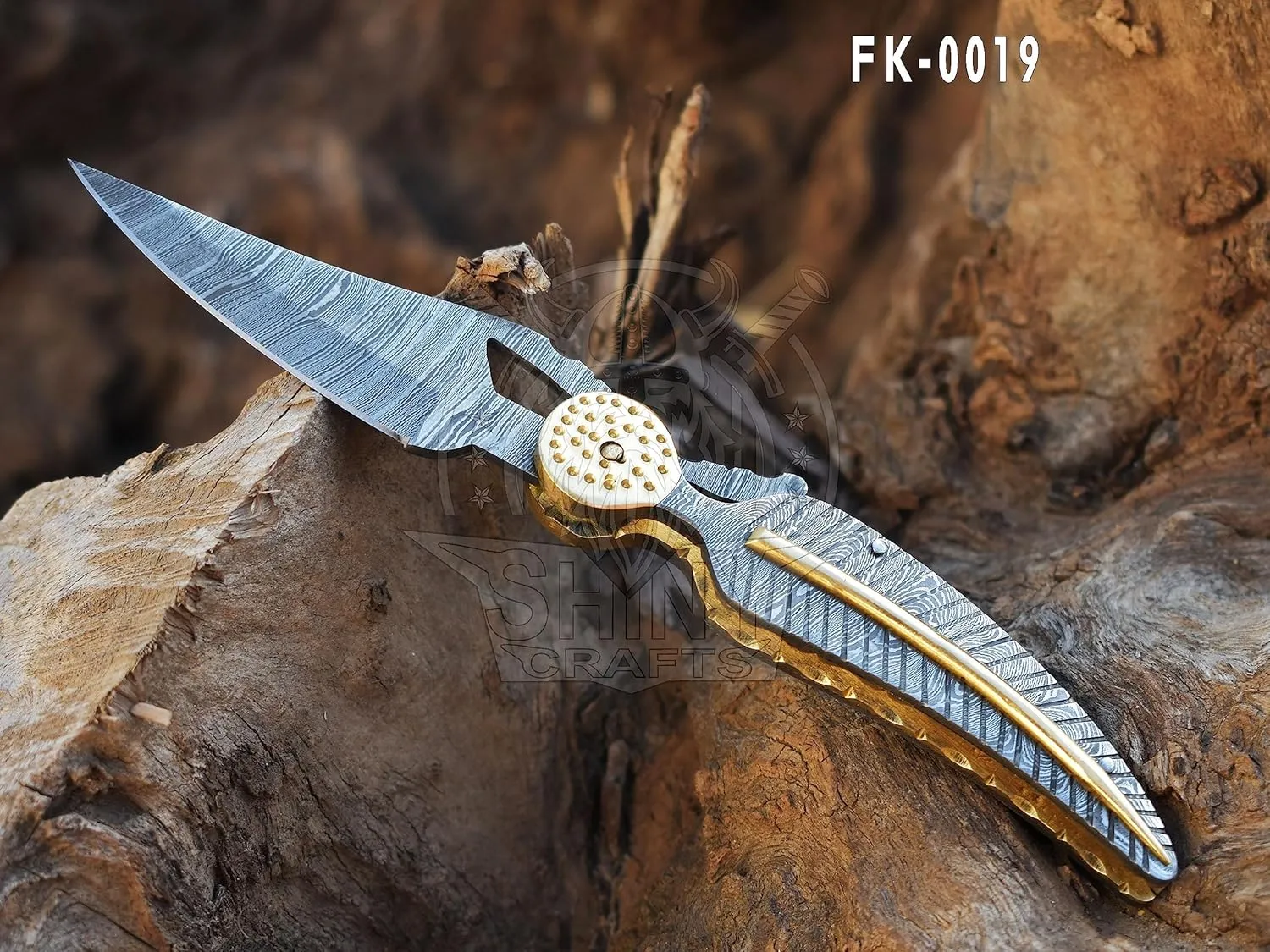 SHINY CRAFTS -Pocket Knife Damascus Hunting Knife OTF Knife Tactical Knife For Men- Pocket Knives - Everyday Carry - PlainEdge - Leather Sheath (FK 19)